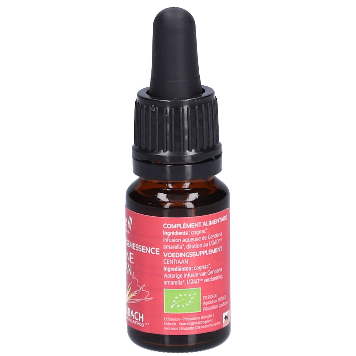 Flacon en verre brun avec compte-gouttes noir. Étiquette rouge avec texte et code-barres. Marque: Ladrôme. Volume: 10 ml.