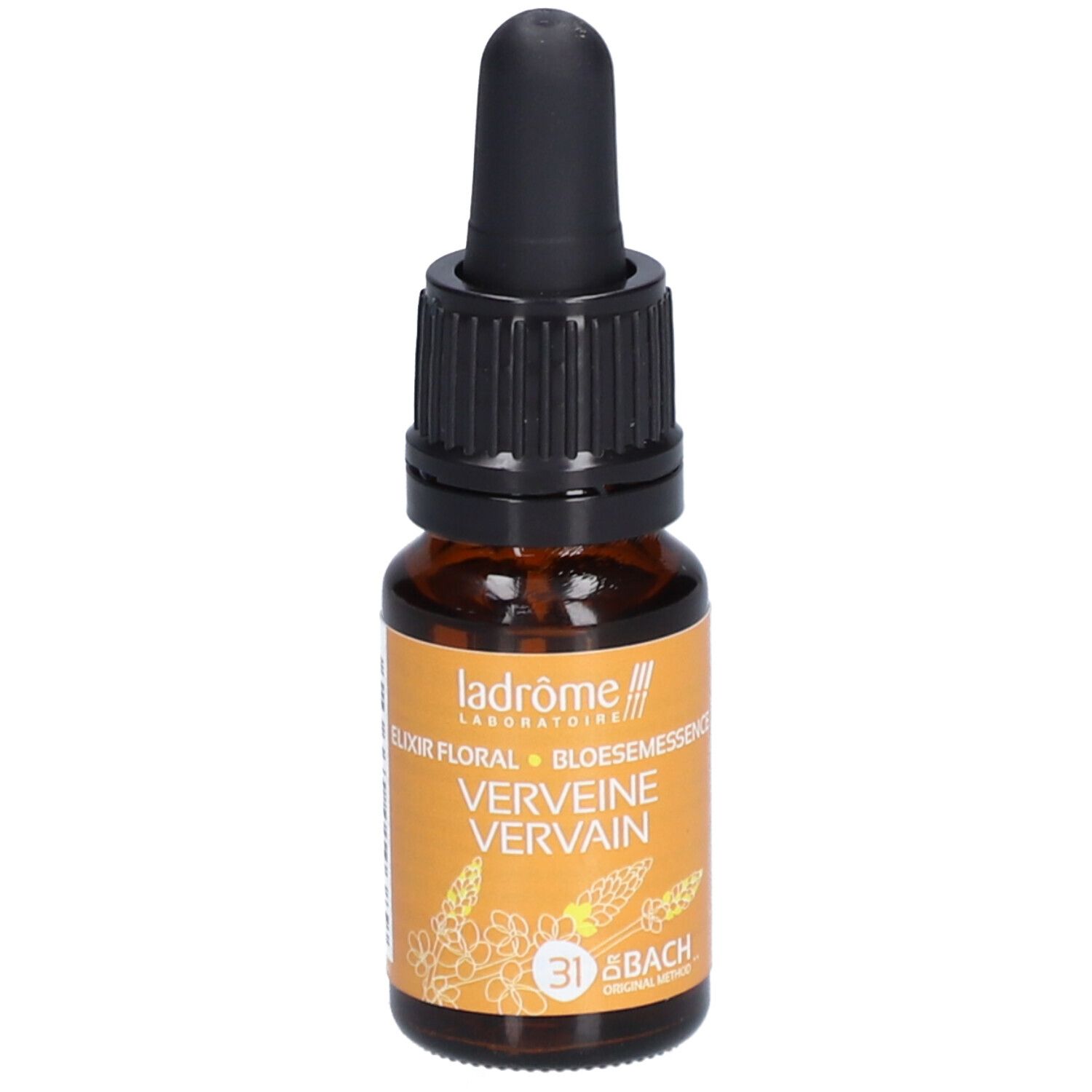 Flacon en verre brun avec compte-gouttes noir. Étiquette avec nom du produit et logo. Essence de verveine.