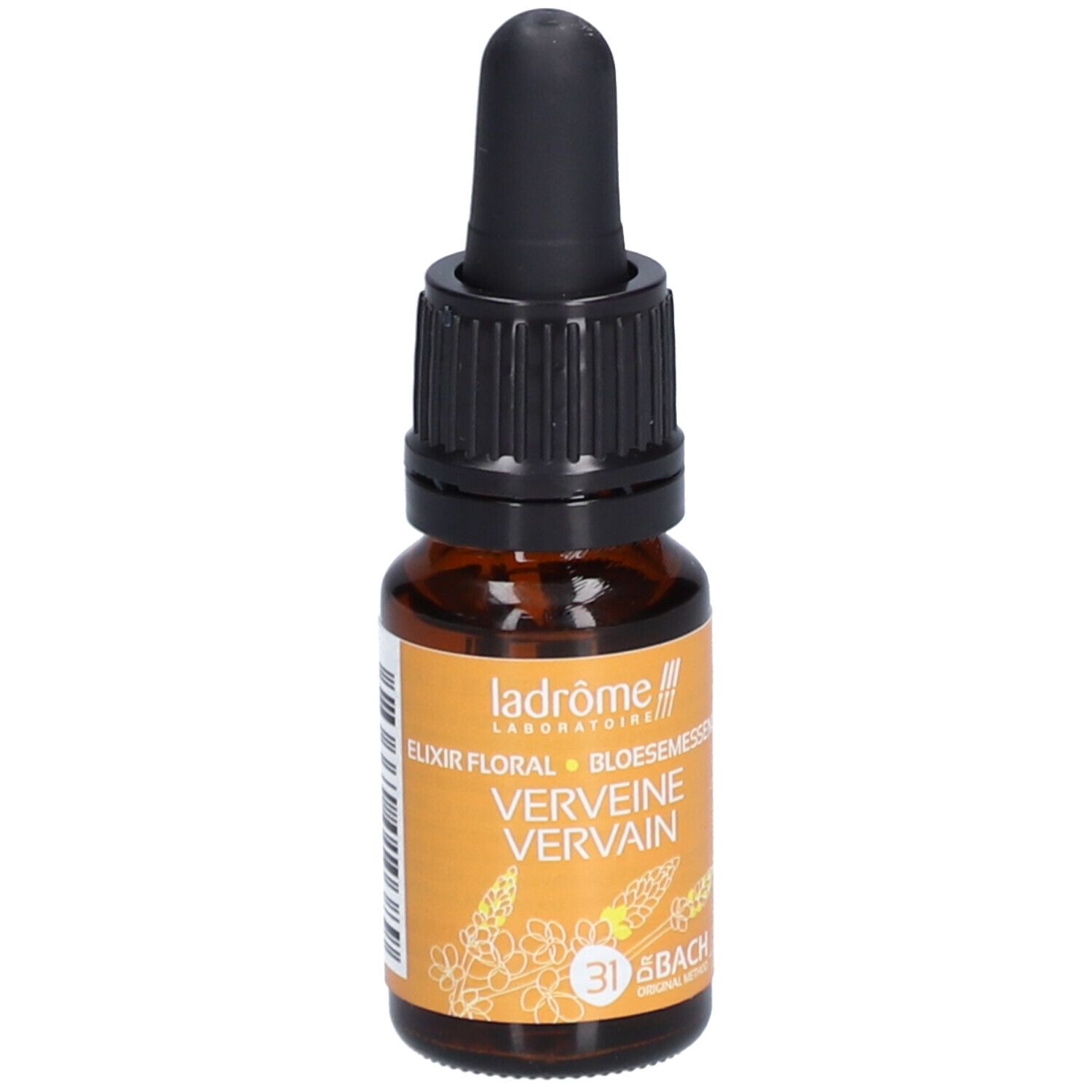 Flacon en verre brun avec compte-gouttes noir. Étiquette avec nom du produit et logo. Essence de verveine.