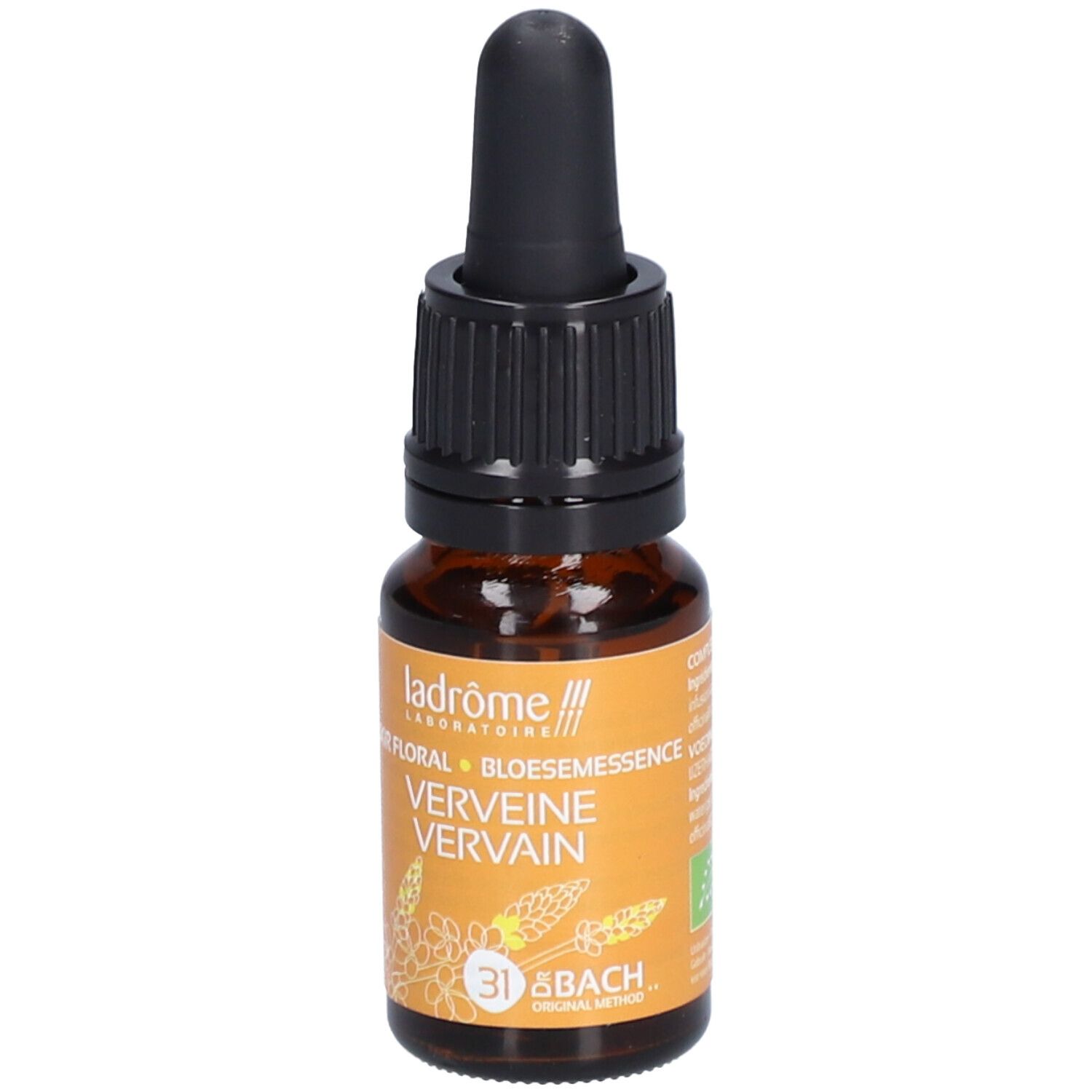 Flacon en verre brun avec compte-gouttes noir. Étiquette avec nom du produit et logo. Essence de verveine.