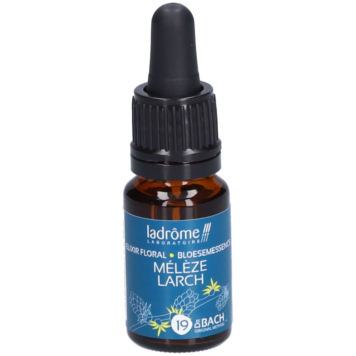 Bruine glazen fles met zwarte dop en pipet. Etiket met tekst: Ladrôme, Mélèze Larch, 19 Bach.