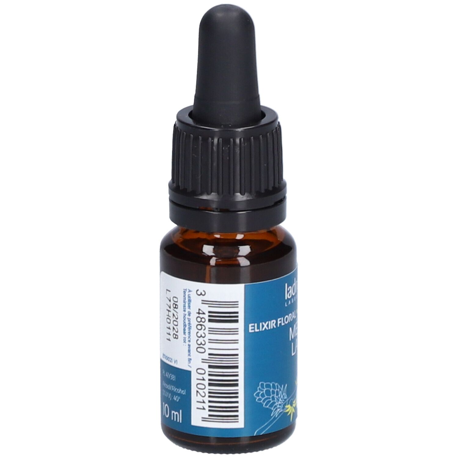 Bruine glazen fles met zwarte dop en pipet. Etiket met tekst: Ladrôme, Mélèze Larch, 19 Bach.