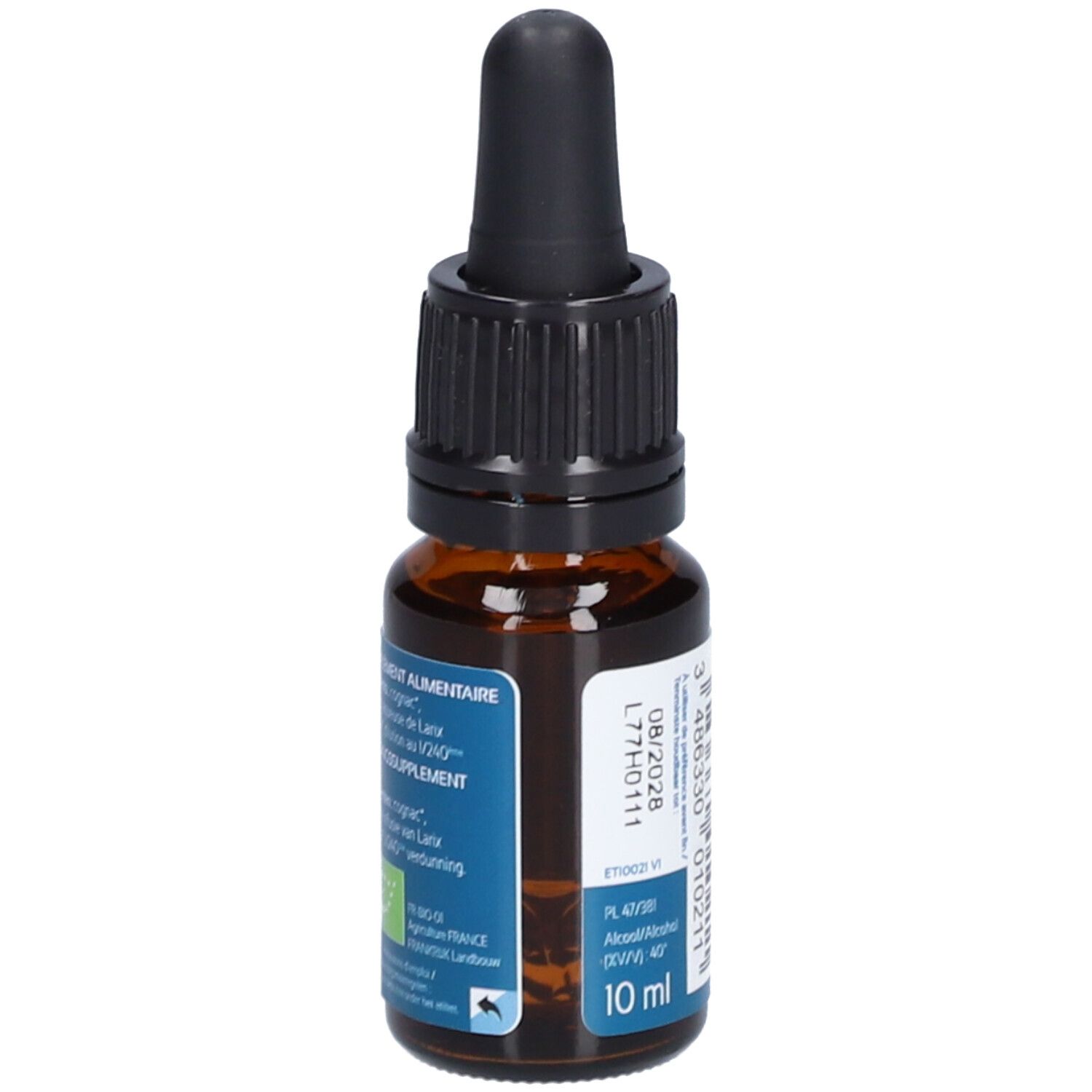 Bruine glazen fles met zwarte dop en pipet. Etiket met tekst: Ladrôme, Mélèze Larch, 19 Bach.