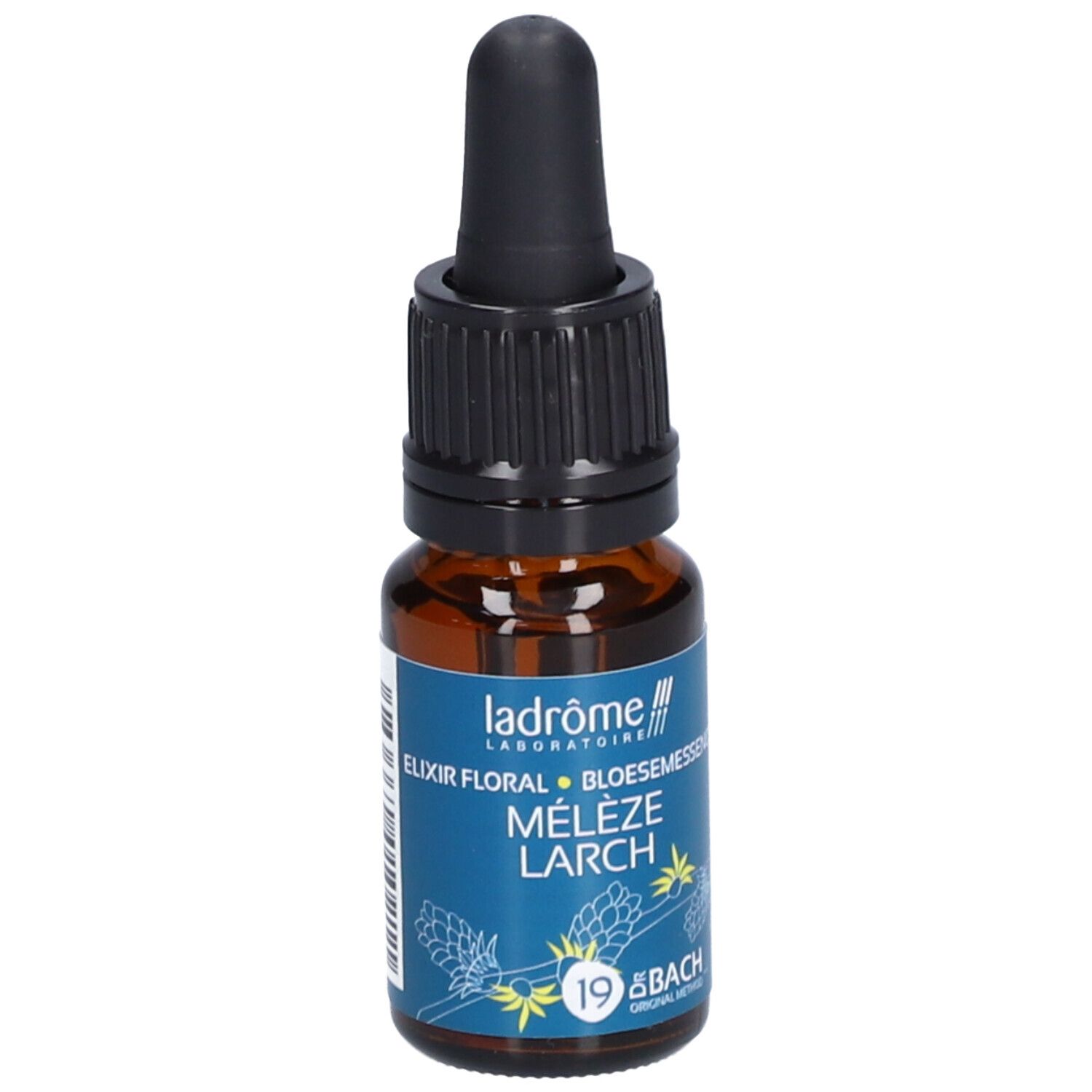Bruine glazen fles met zwarte dop en pipet. Etiket met tekst: Ladrôme, Mélèze Larch, 19 Bach.
