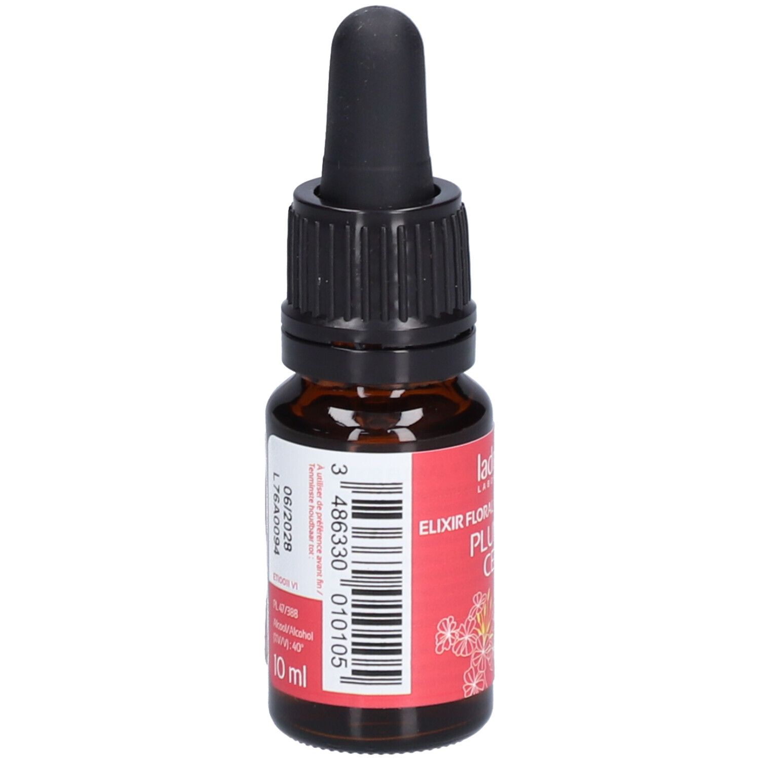 Braune Glasflasche mit schwarzem Tropfer. Rotes Etikett mit weißer Schrift: PLUMBAGO CERATO, 5 Bach. Marke: Ladrôme. 10 ml.