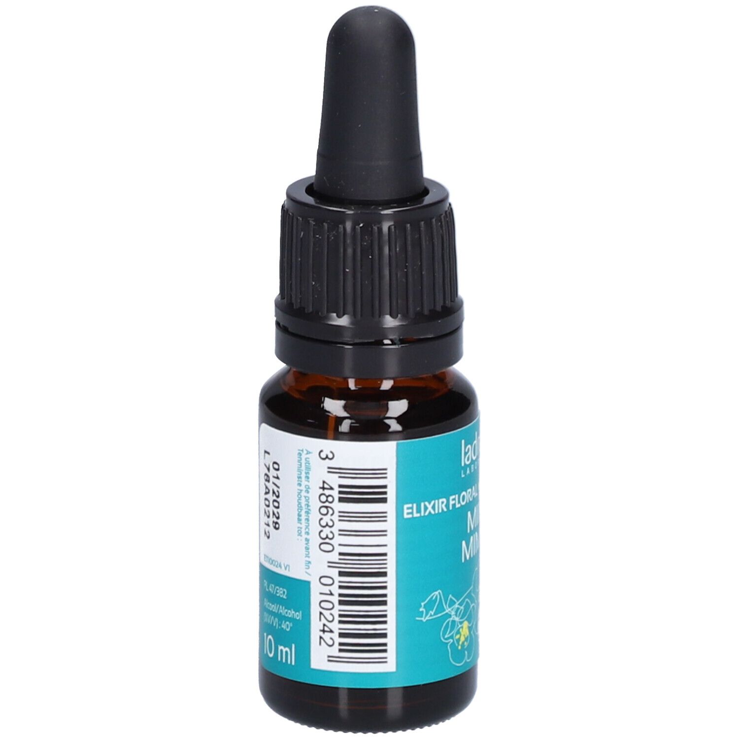 Flacon en verre brun avec compte-gouttes noir. Étiquette turquoise avec nom du produit et logo. Fleurs de Bach n°20.