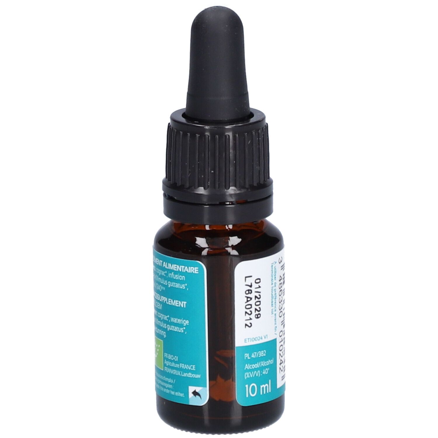 Flacon en verre brun avec compte-gouttes noir. Étiquette turquoise avec nom du produit et logo. Fleurs de Bach n°20. 10 ml.