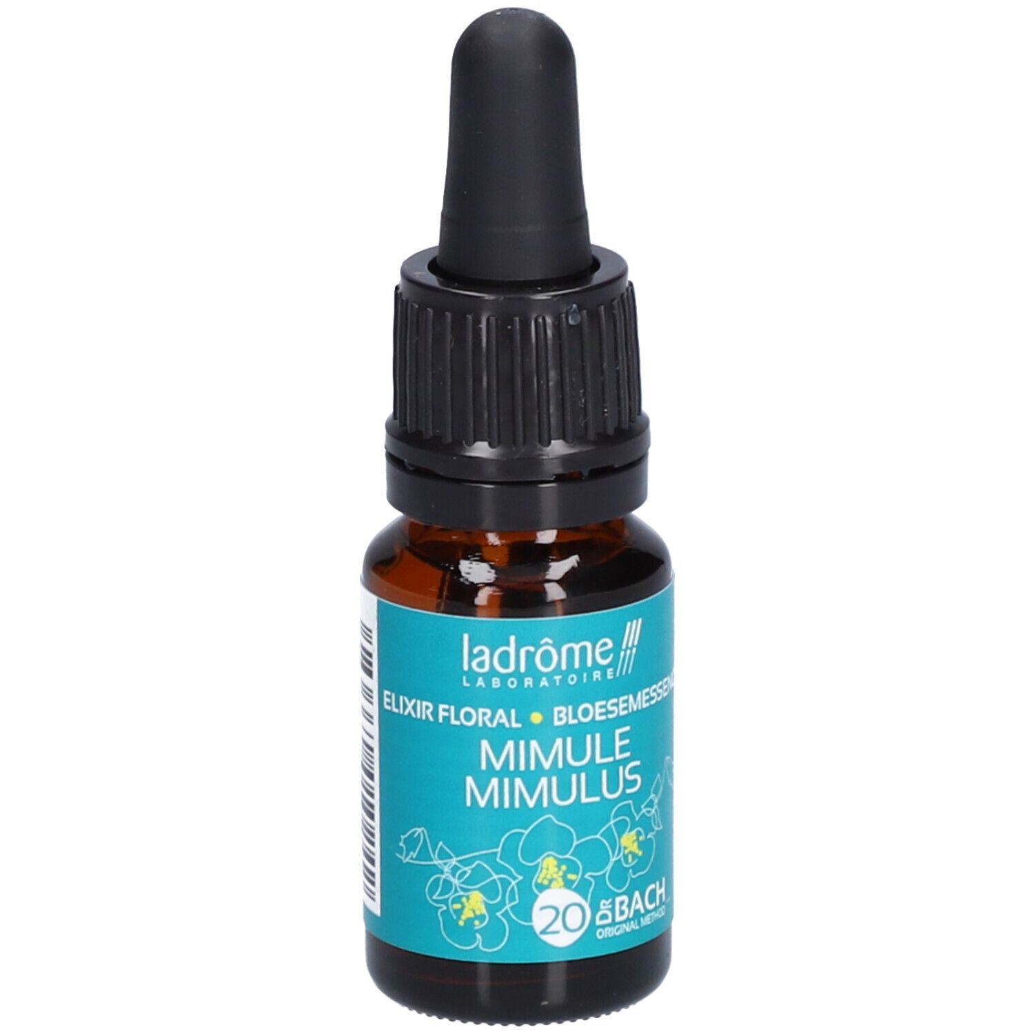 Flacon en verre brun avec compte-gouttes noir. Étiquette turquoise avec nom du produit et logo. Fleurs de Bach n°20. 10 ml.