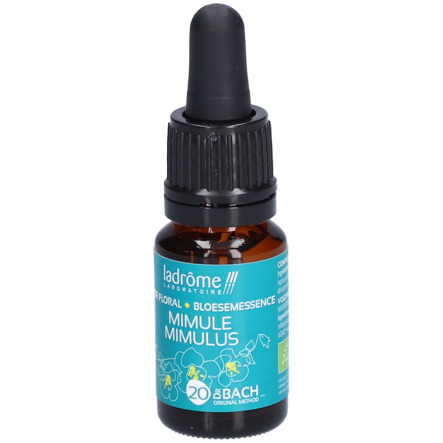 Flacon en verre brun avec compte-gouttes noir. Étiquette turquoise avec nom du produit et logo. Fleurs de Bach n°20. 10 ml.