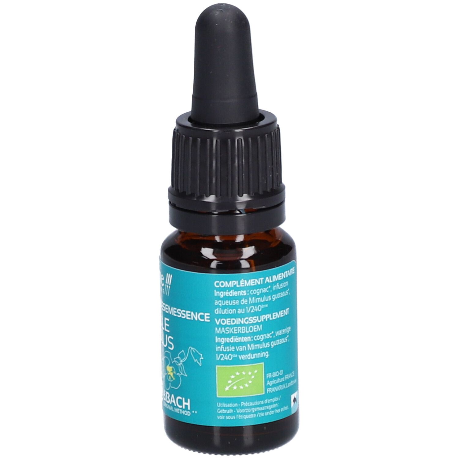 Flacon en verre brun avec compte-gouttes noir. Étiquette turquoise avec nom du produit et logo. Fleurs de Bach n°20. 10 ml.