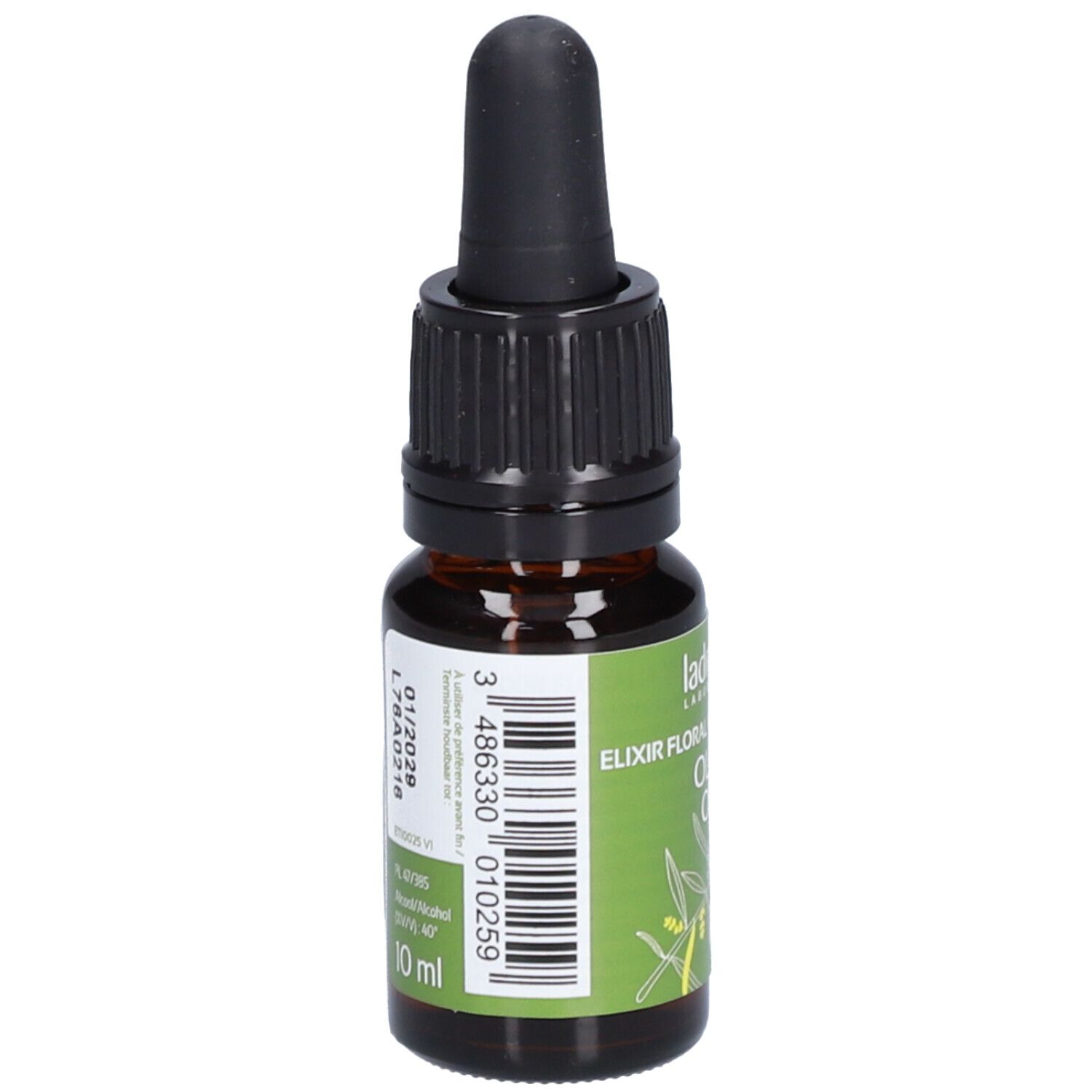 Bruine glazen fles met zwarte druppelaar. Groen etiket met tekst: Olivier Olive, 23 & Bach.