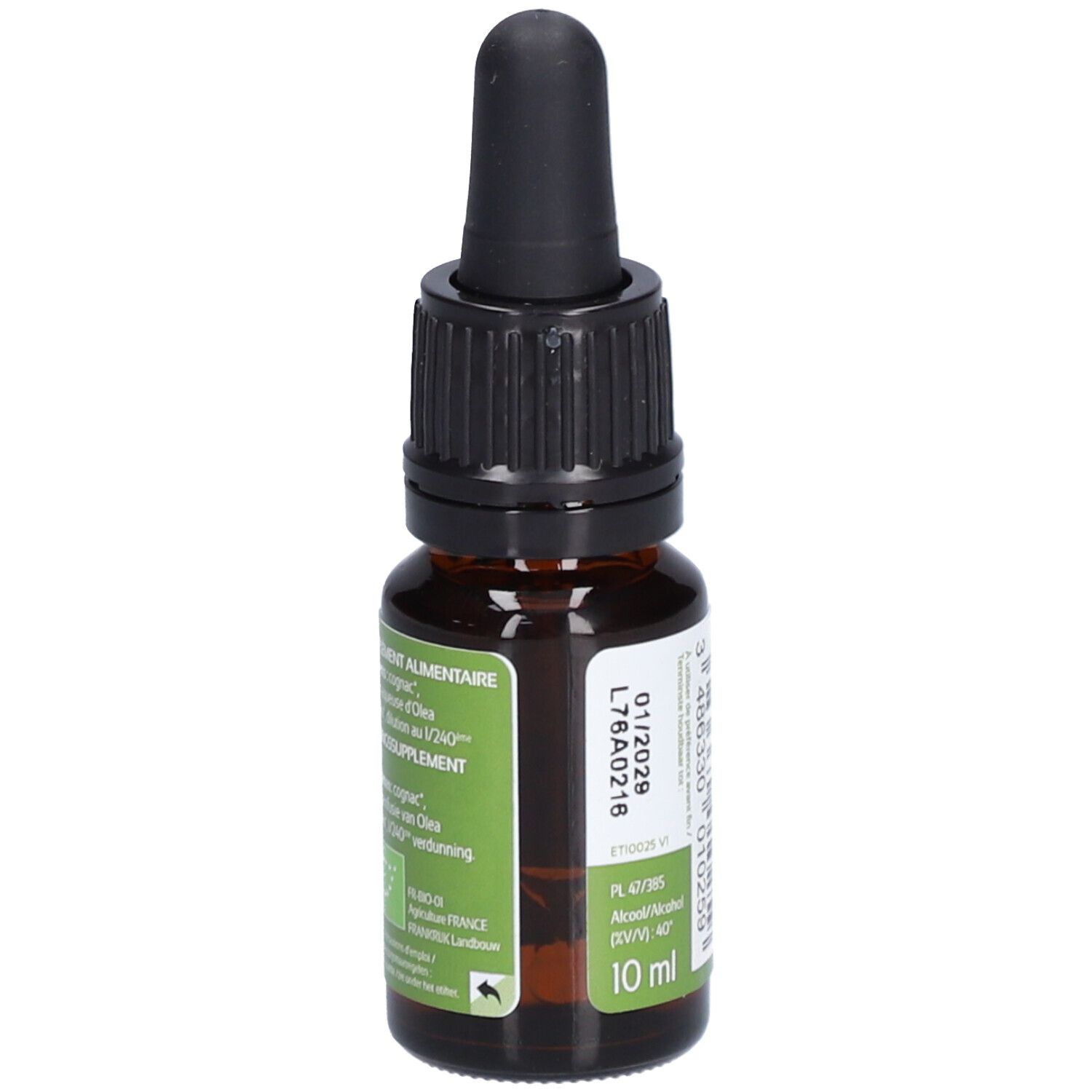 Bruine glazen fles met zwarte druppelaar. Groen etiket met tekst: Olivier Olive, 23 & Bach. 10 ml.