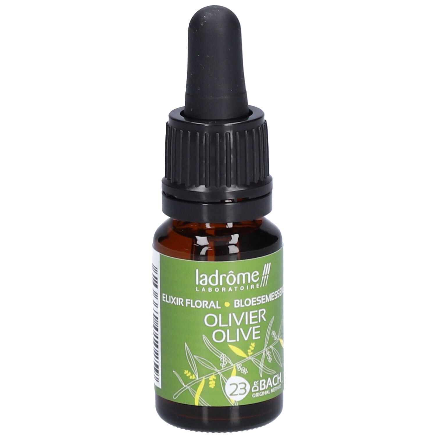 Bruine glazen fles met zwarte druppelaar. Groen etiket met tekst: Olivier Olive, 23 & Bach. 10 ml.