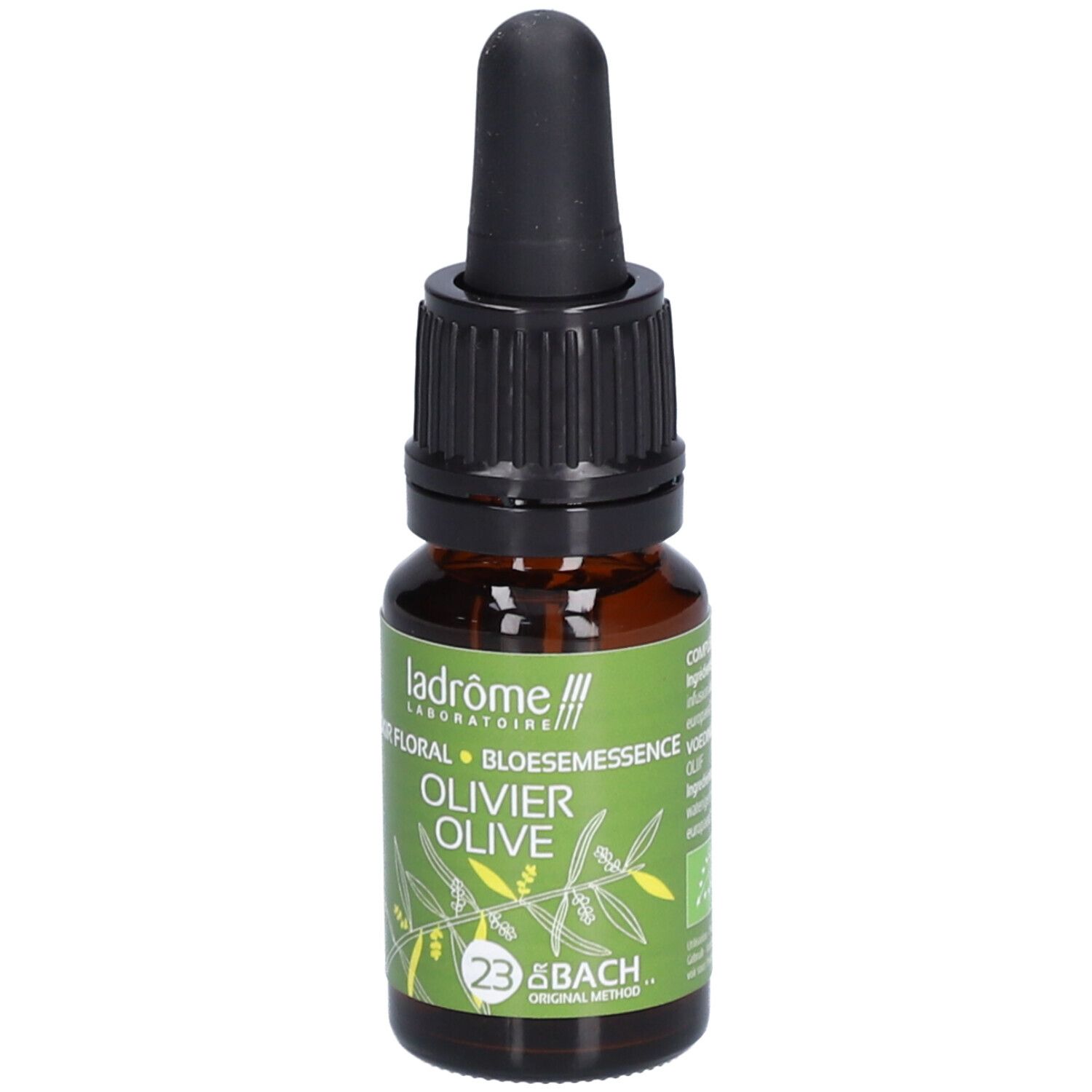 Bruine glazen fles met zwarte druppelaar. Groen etiket met tekst: Olivier Olive, 23 & Bach. 10 ml.
