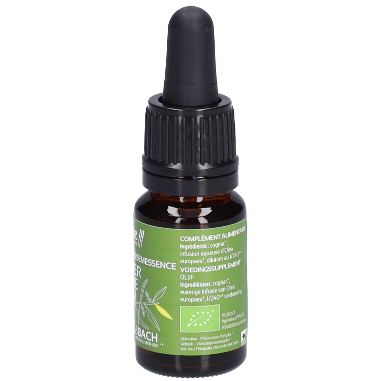 Bruine glazen fles met zwarte druppelaar. Groen etiket met tekst: Olivier Olive, 23 & Bach. Bio-label.