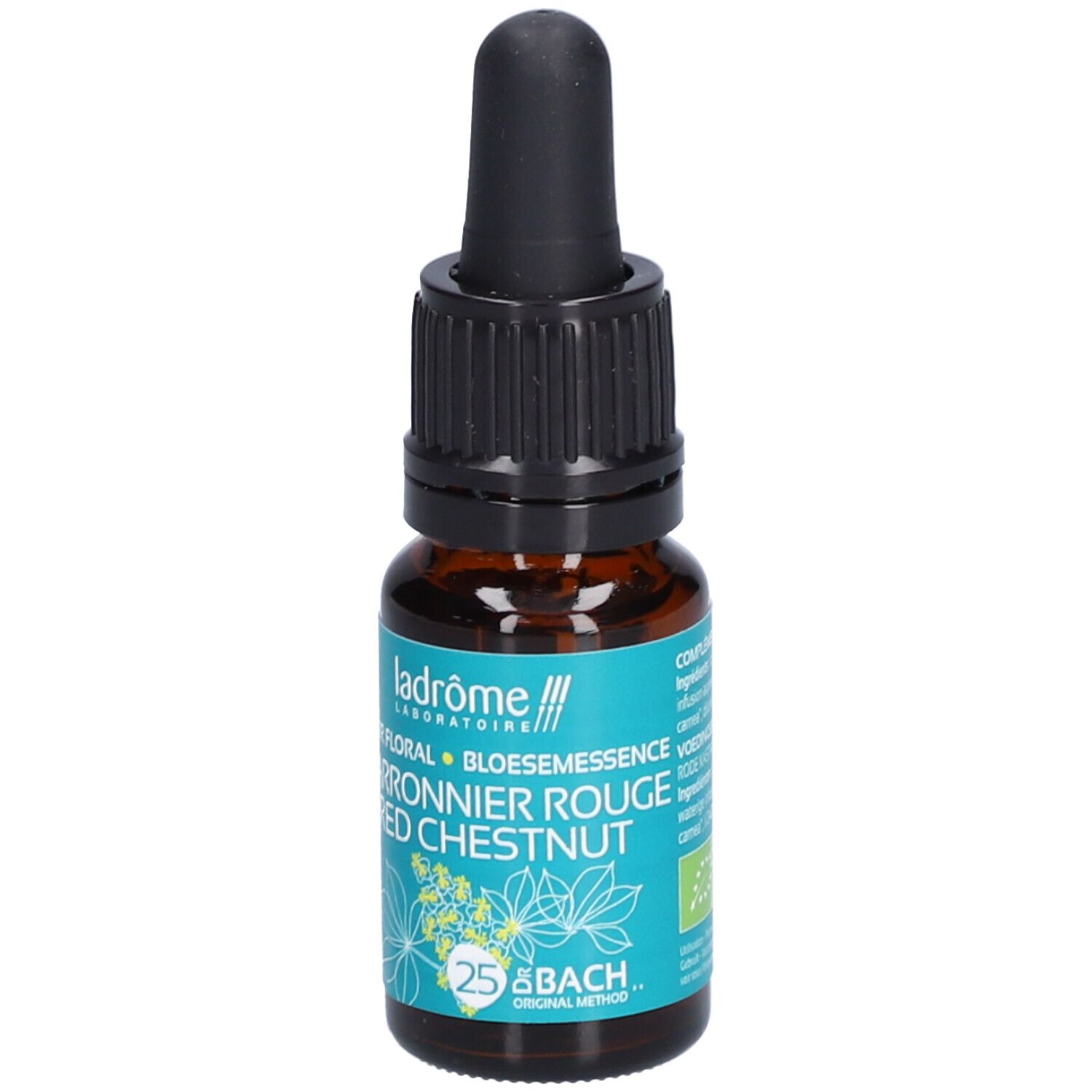 Flacon en verre brun avec compte-gouttes noir. Étiquette avec texte: Marronnier Rouge, Red Chestnut, 25 Bach. Marque: Ladrôme. 10 ml.