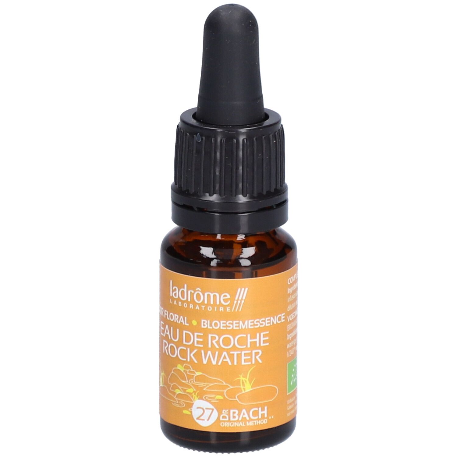 Braune Glasflasche mit schwarzem Tropfer. Aufschrift: Ladrôme, Eau de Roche Rock Water, 27 Bach. Mit Bio-Siegel.