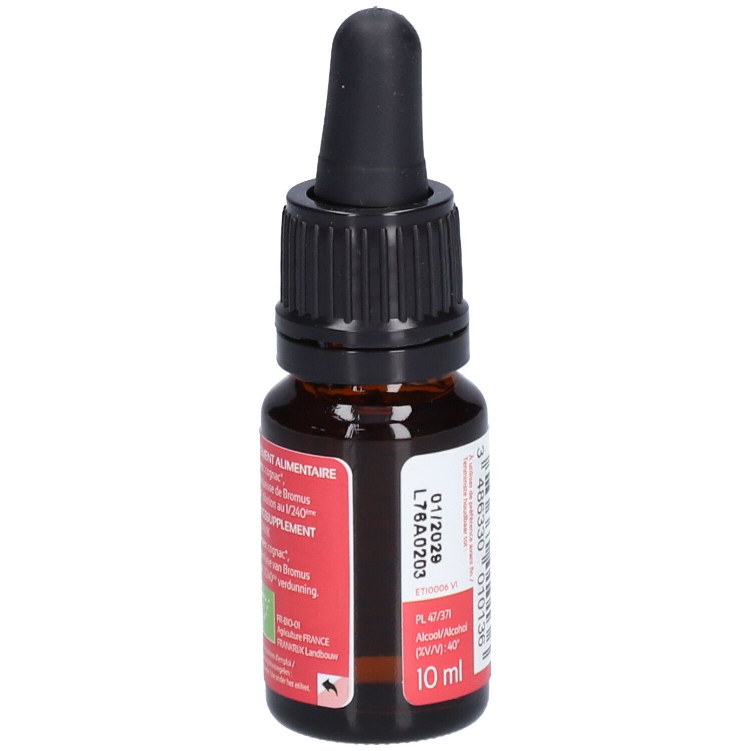 Braune Glasflasche mit schwarzem Tropfer. Rotes Etikett mit Text: Folle Avoine Wild Oat. Marke: Ladrôme. 10 ml.