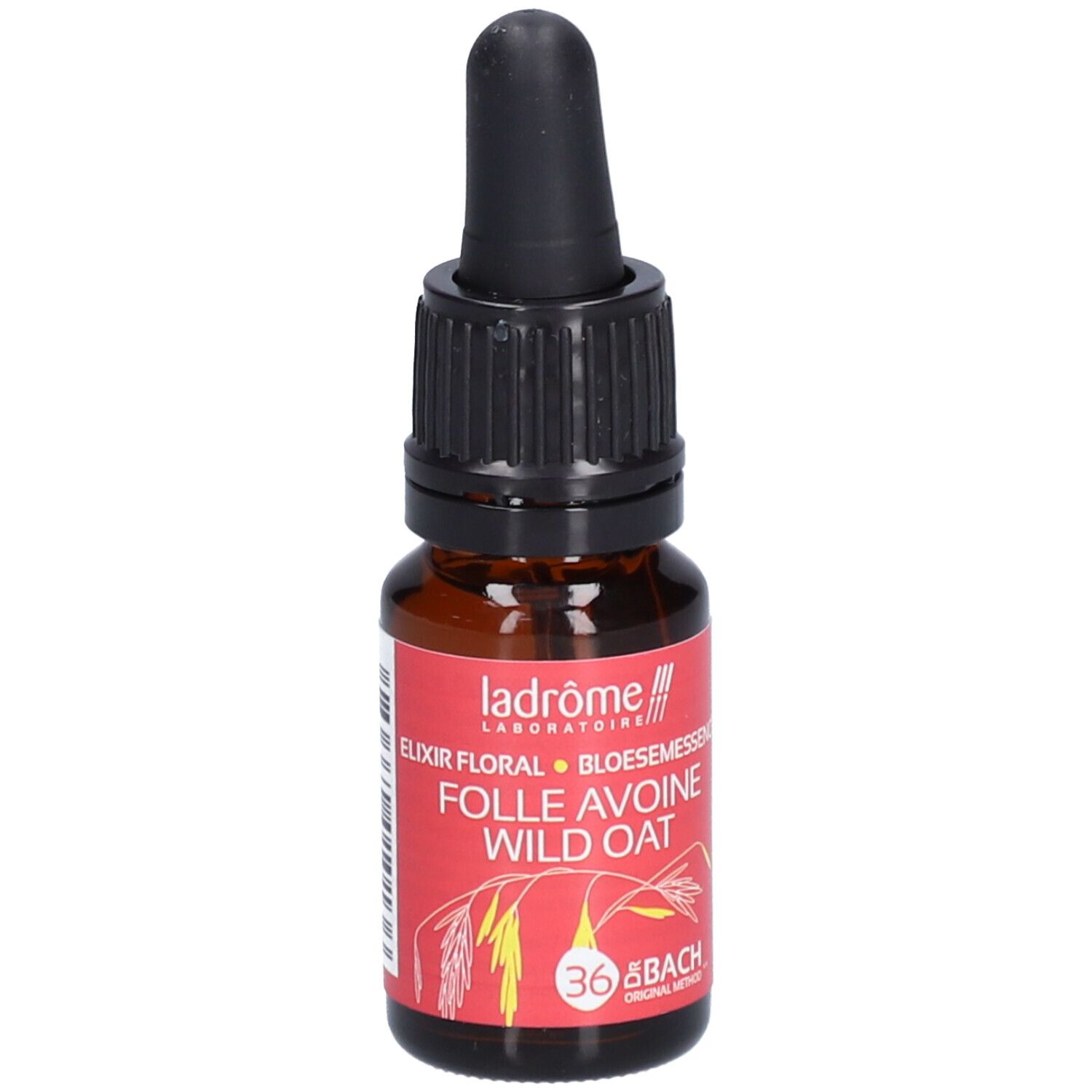 Braune Glasflasche mit schwarzem Tropfer. Rotes Etikett mit Text: Folle Avoine Wild Oat. Marke: Ladrôme. 10 ml.