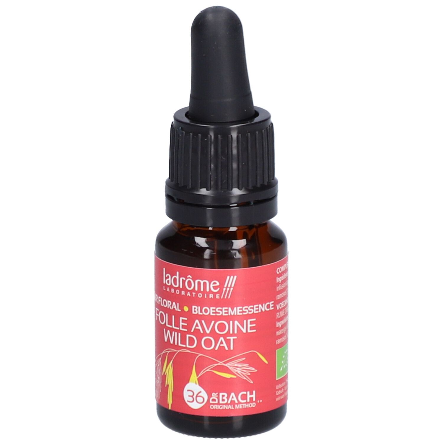 Braune Glasflasche mit schwarzem Tropfer. Rotes Etikett mit Text: Folle Avoine Wild Oat. Marke: Ladrôme. 10 ml.
