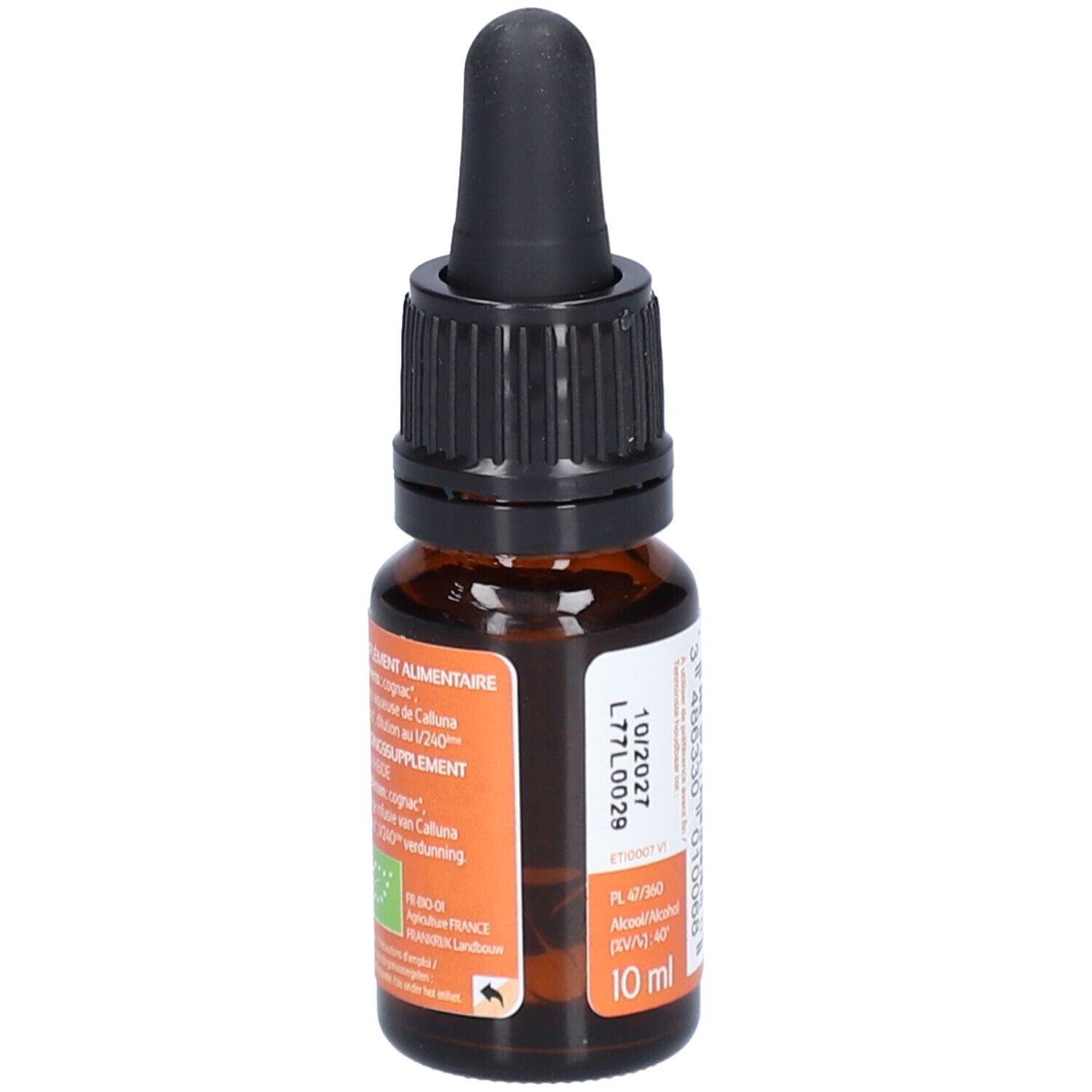 Flacon en verre brun avec bouchon noir et pipette. Étiquette avec texte et code-barres. Marque: Ladrôme. Volume: 10 ml.