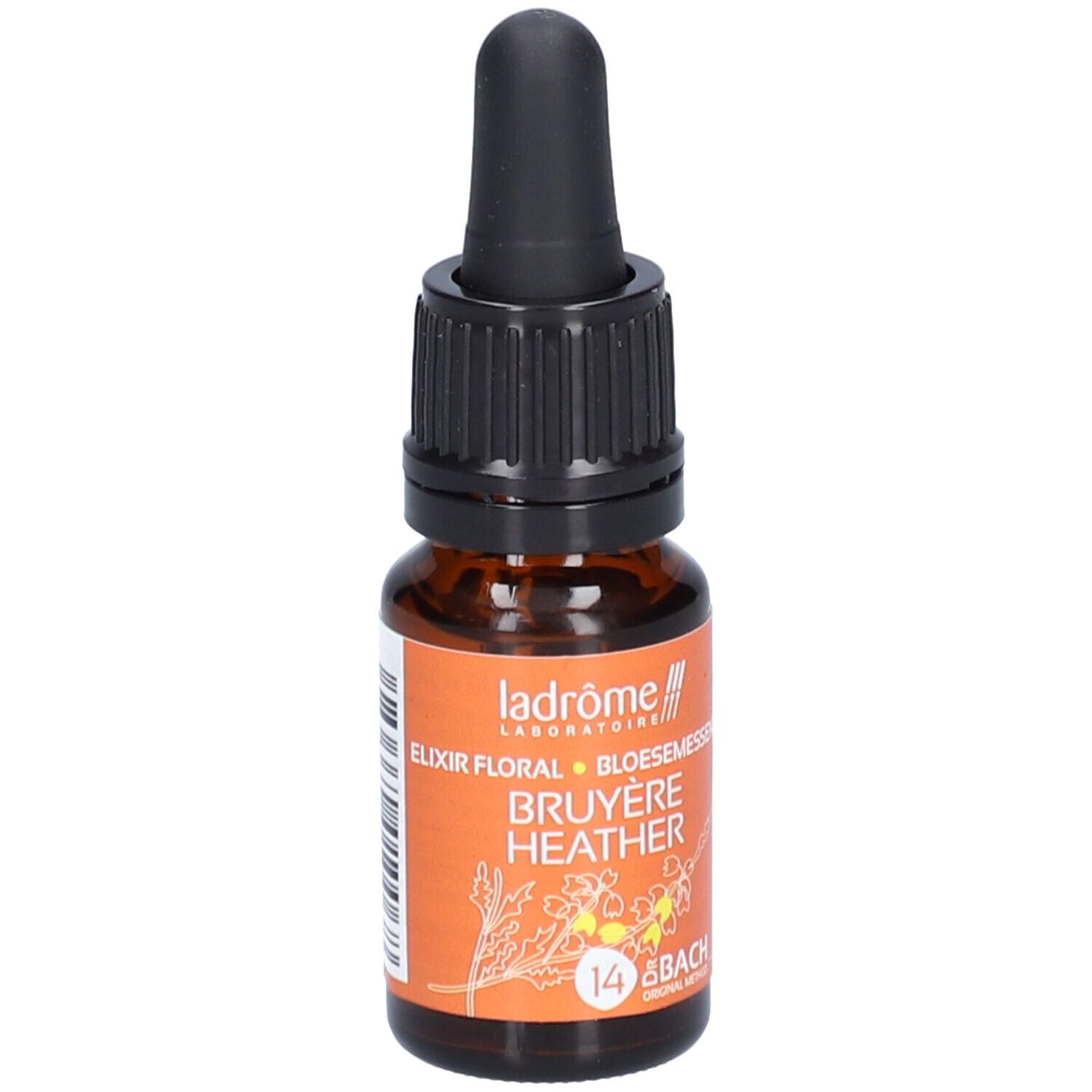 Flacon en verre brun avec bouchon noir et pipette. Étiquette avec texte et code-barres. Marque: Ladrôme. Volume: 10 ml.