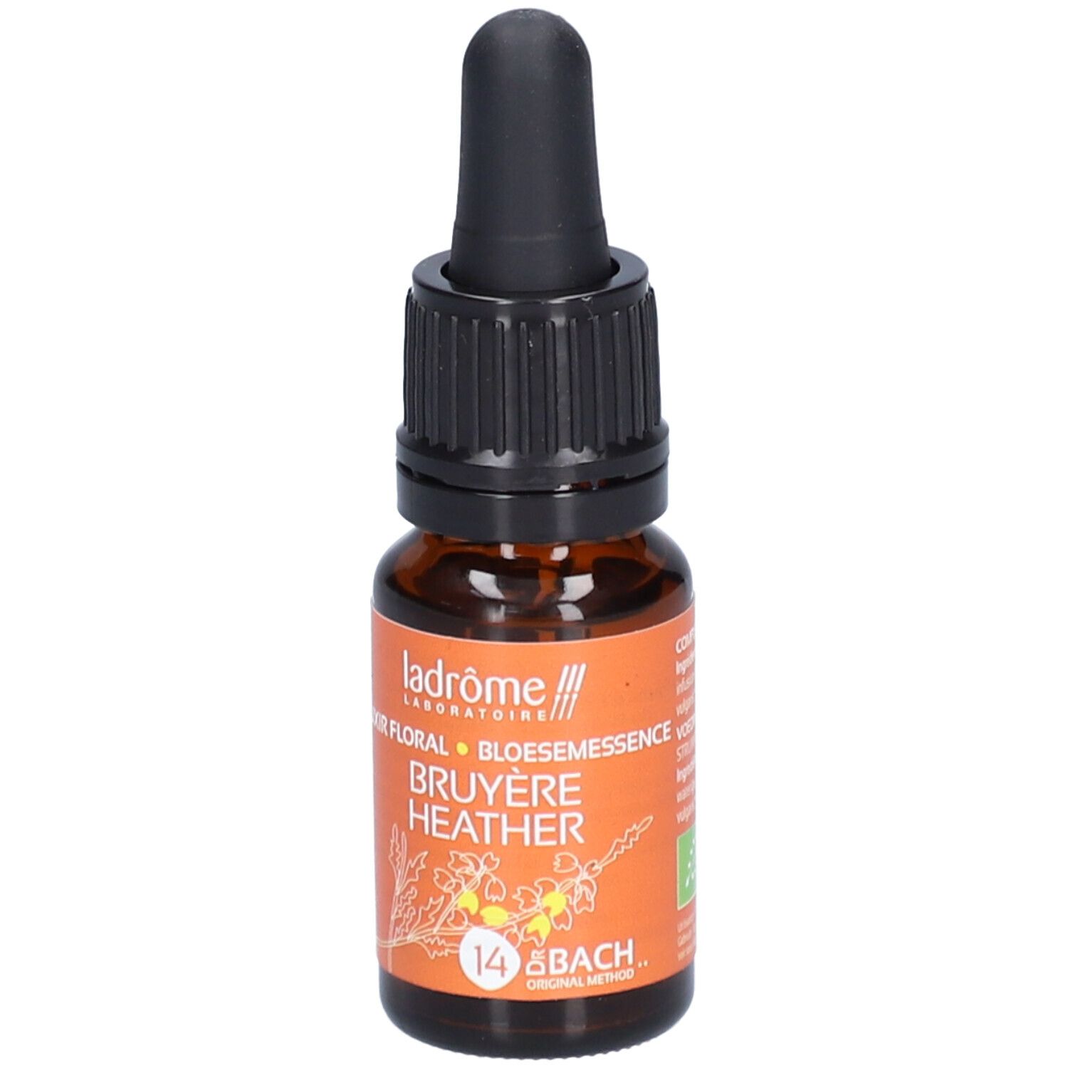 Flacon en verre brun avec bouchon noir et pipette. Étiquette avec texte: Bruyère Heather, 14 Bach. Marque: Ladrôme.