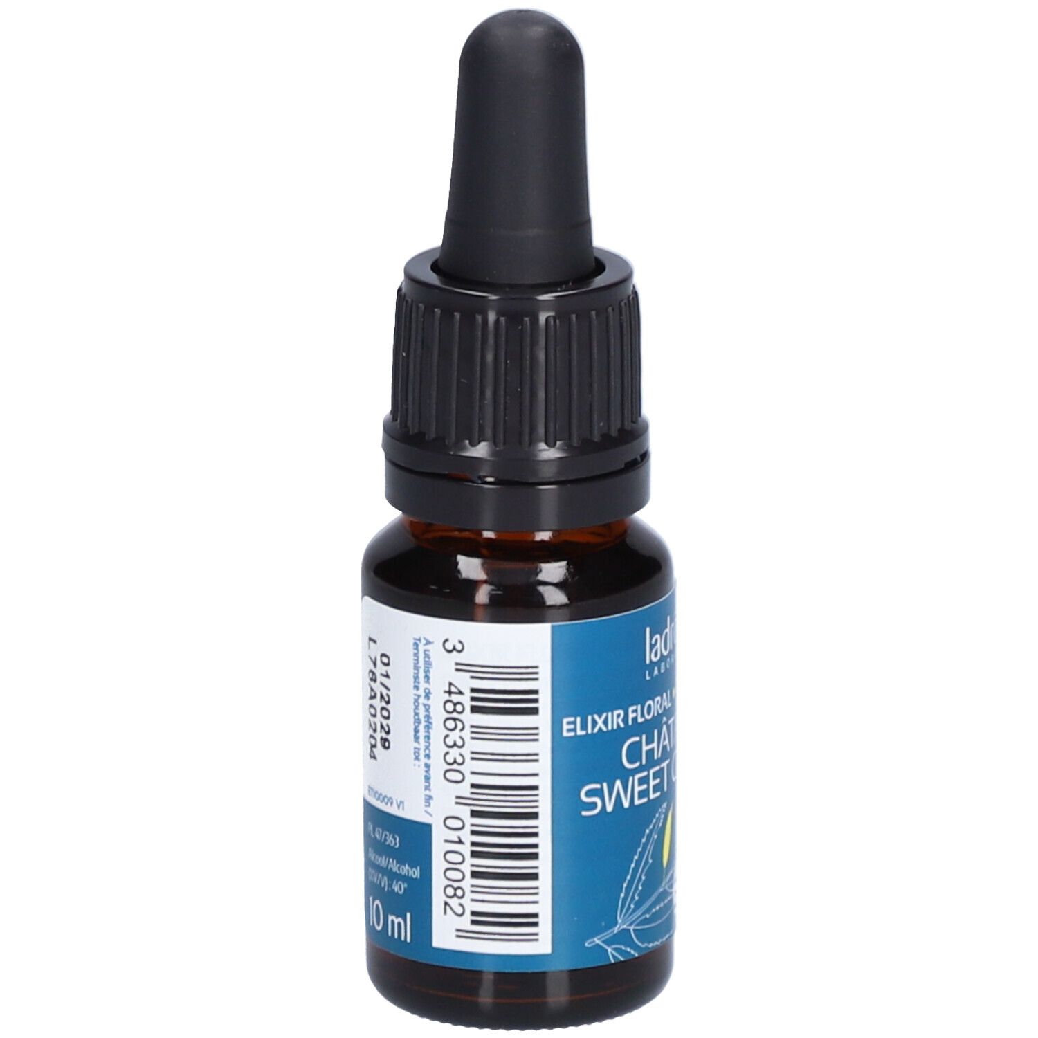 Braunglasflasche mit schwarzem Tropfer. Blaues Etikett mit Produktnamen und Logo.