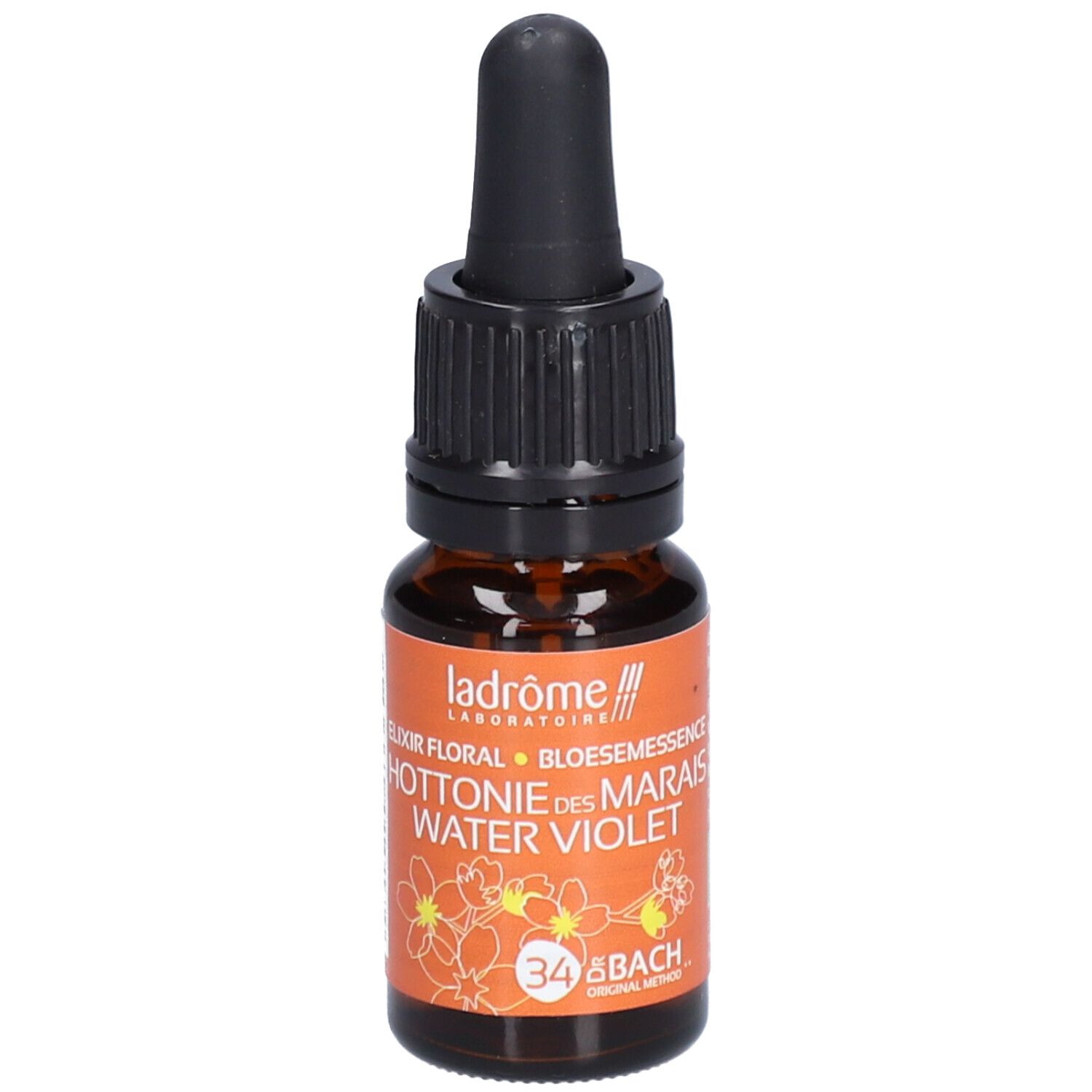 Flacon en verre brun avec compte-gouttes noir. Étiquette avec texte: HOTTONIE DES MARAIS WATER VIOLET, 34 & BACH. Marque: Ladrôme.