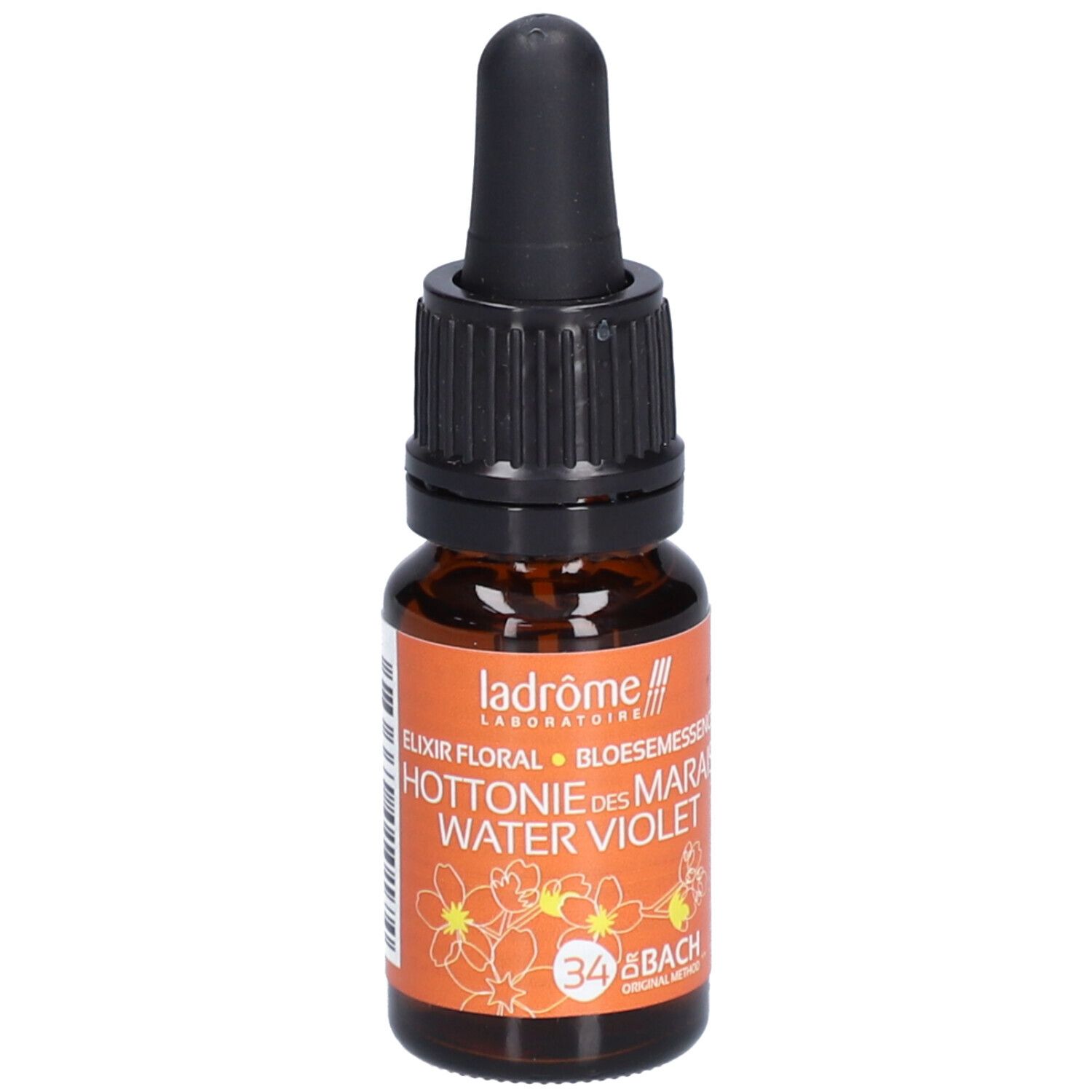 Flacon en verre brun avec compte-gouttes noir. Étiquette avec texte: HOTTONIE DES MARAIS WATER VIOLET, 34 & BACH. Marque: Ladrôme. 10 ml.