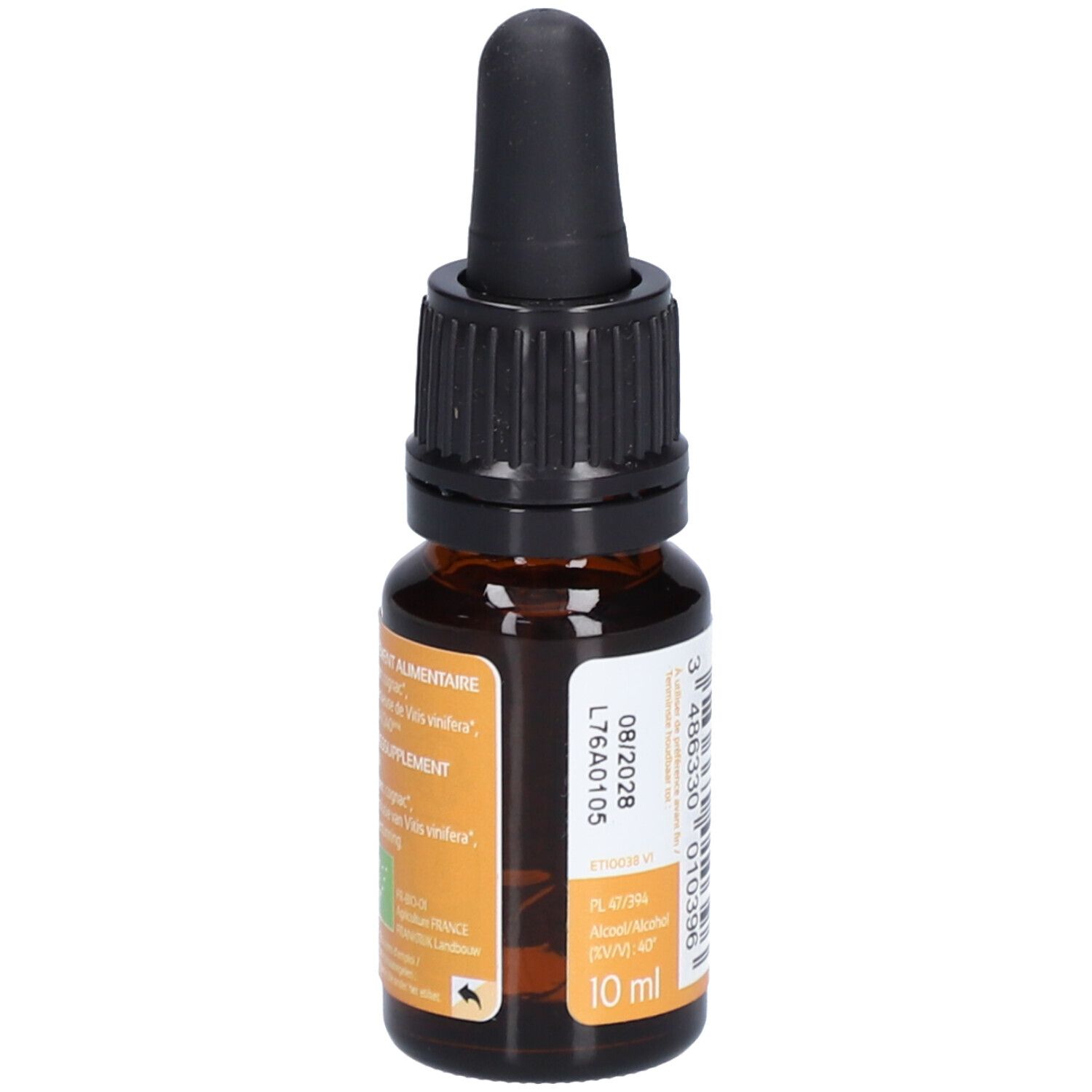 Flacon en verre brun avec compte-gouttes noir. Étiquette avec texte et code-barres. Marque: Ladrôme. Contenu: 10 ml.