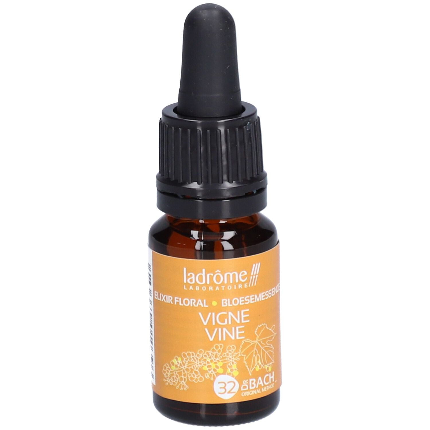 Flacon en verre brun avec compte-gouttes noir. Étiquette avec texte et code-barres. Marque: Ladrôme. Contenu: 10 ml.