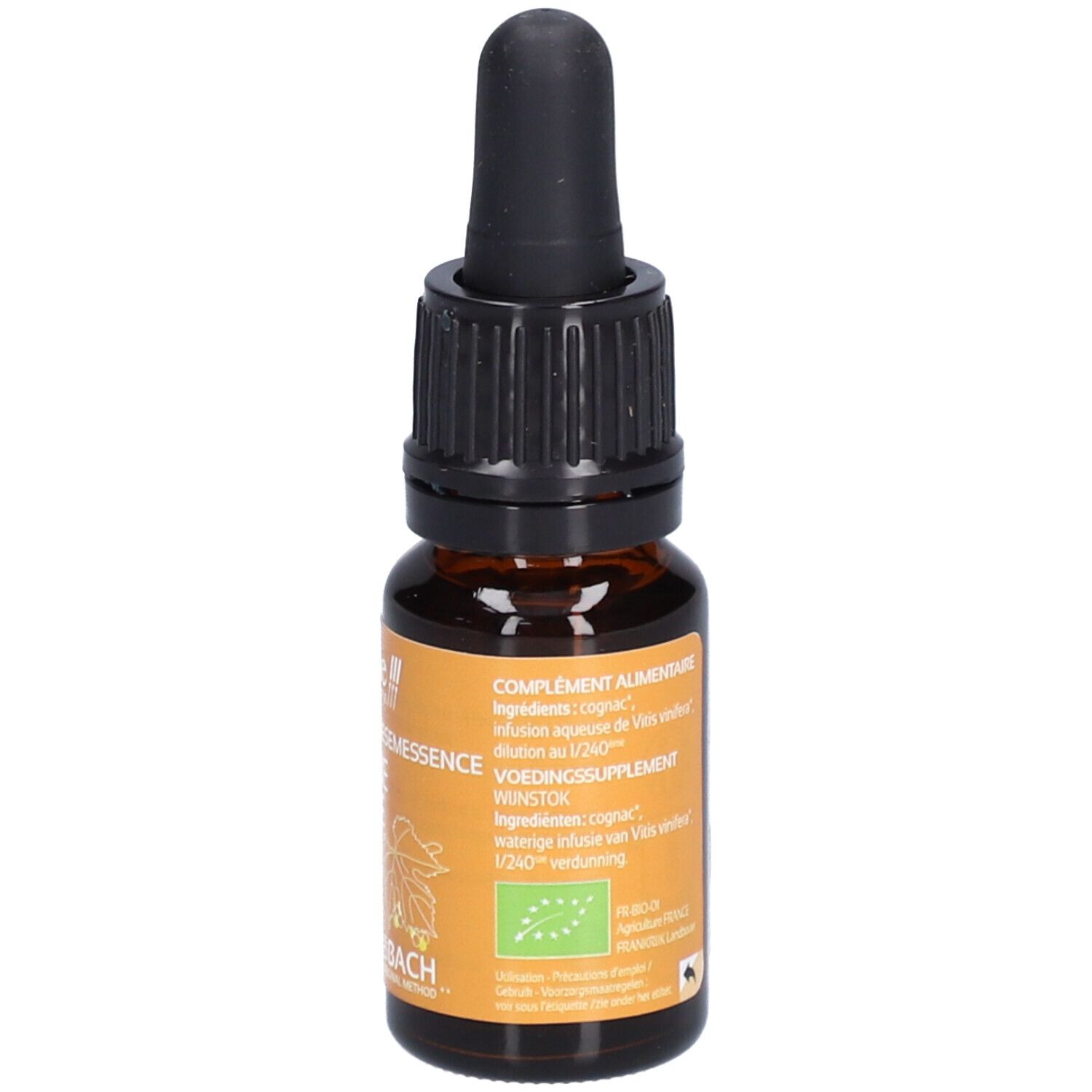 Flacon en verre brun avec compte-gouttes noir. Étiquette avec texte et label bio. Marque: Ladrôme. Contenu: 10 ml.