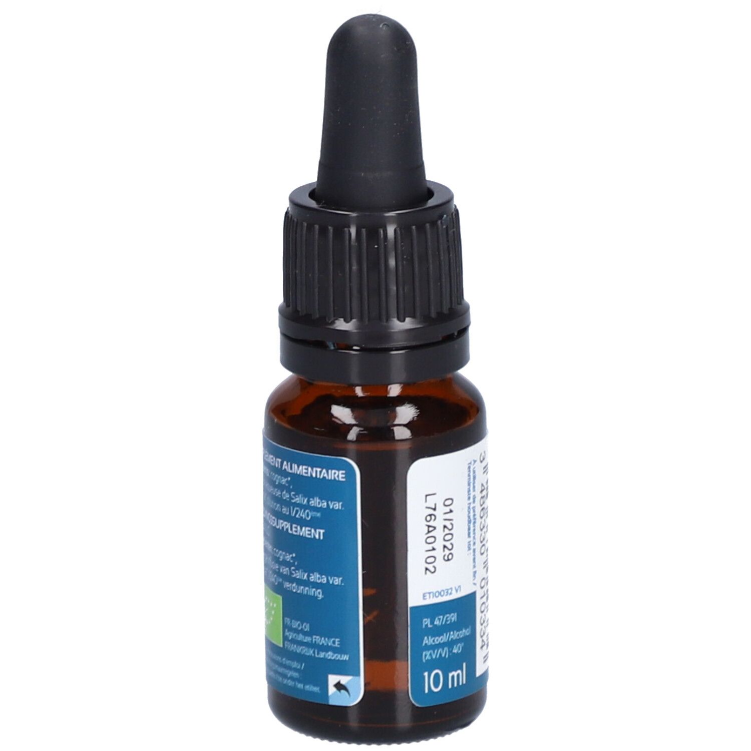 Flacon en verre brun avec compte-gouttes noir. Dos avec texte et code-barres. Marque: Ladrôme. 10 ml.