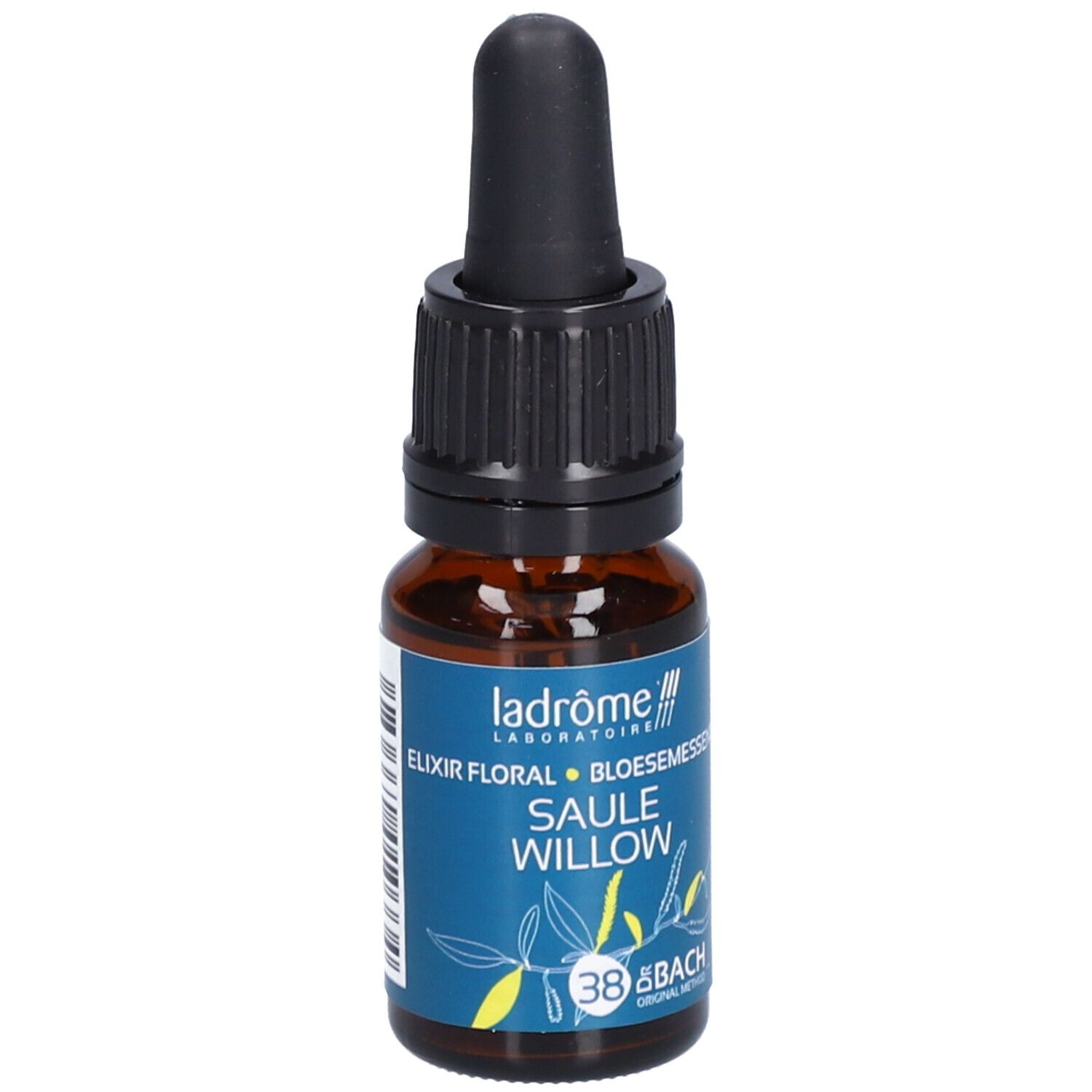Flacon en verre brun avec compte-gouttes noir. Dos avec texte et code-barres. Marque: Ladrôme. 10 ml.