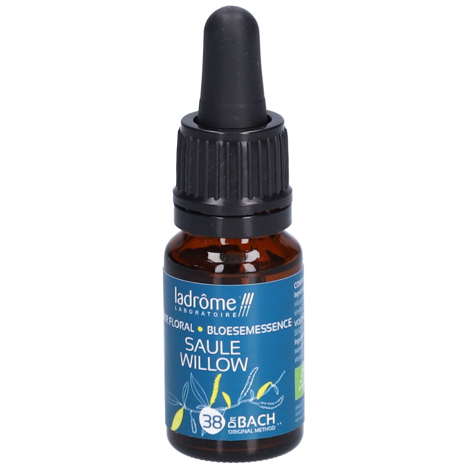 Flacon en verre brun avec compte-gouttes noir. Étiquette bleue avec texte: SAULE WILLOW, 38 & BACH. Marque: Ladrôme.