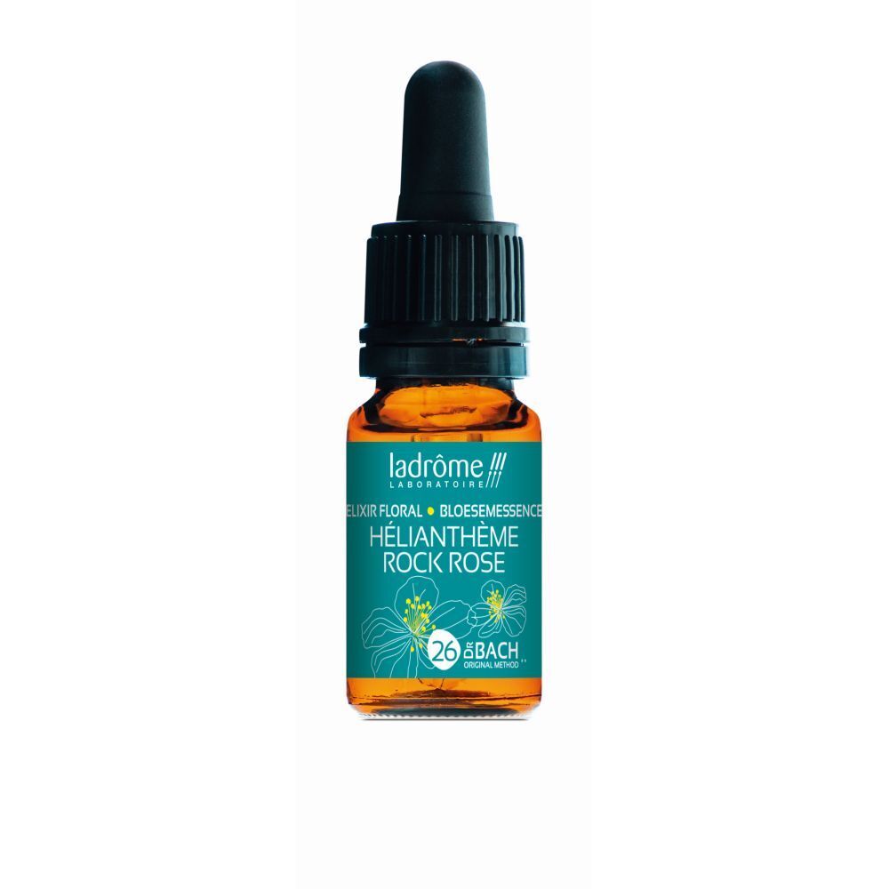 Flacon en verre brun avec compte-gouttes noir. Étiquette turquoise avec nom du produit et logo. "HÉLIANTHÈME ROCK ROSE" et "26 BACH" sont visibles.