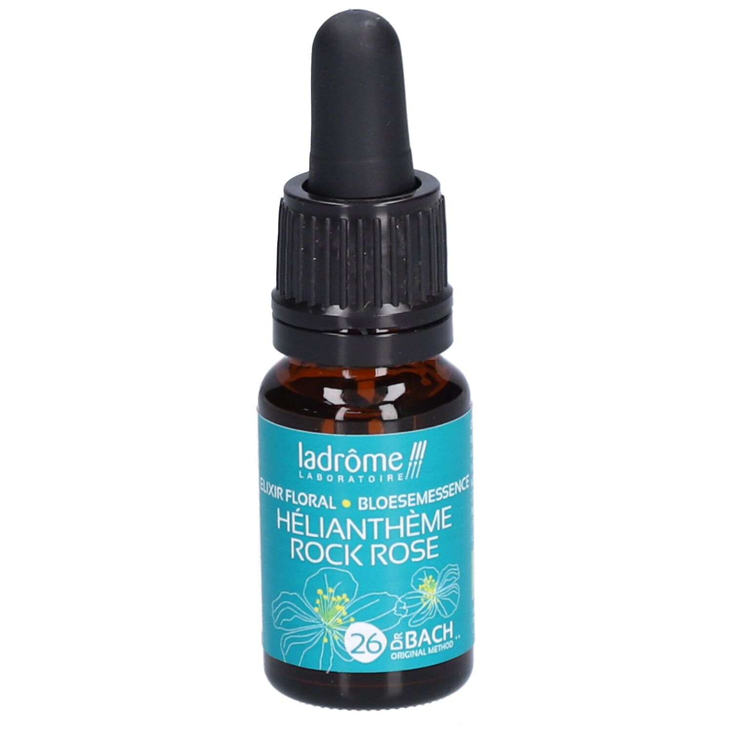 Flacon en verre brun avec compte-gouttes noir. Étiquette turquoise avec nom du produit et logo. "HÉLIANTHÈME ROCK ROSE" et "26 BACH" sont visibles.