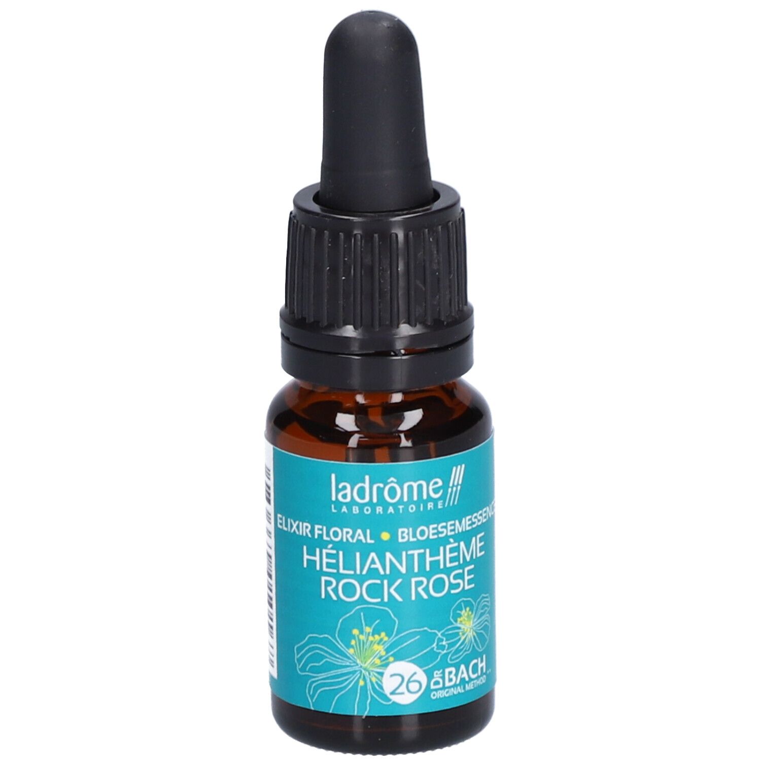 Flacon en verre brun avec compte-gouttes noir. Étiquette turquoise avec nom du produit et logo. "HÉLIANTHÈME ROCK ROSE" et "26 BACH" sont visibles. Code-barres.