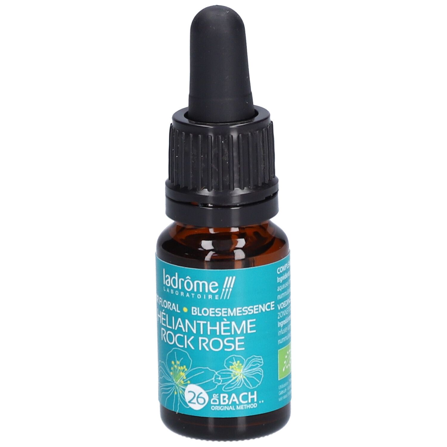 Flacon en verre brun avec compte-gouttes noir. Étiquette turquoise avec nom du produit et logo. "HÉLIANTHÈME ROCK ROSE" et "26 BACH" sont visibles. Code-barres.