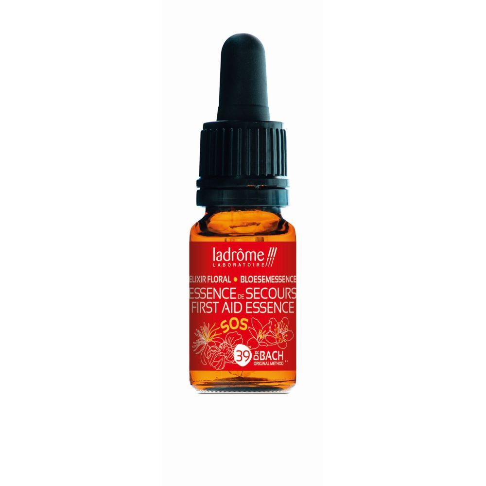Flacon en verre brun avec compte-gouttes noir. Étiquette rouge avec texte: Elixir floral, Essence de secours, SOS, 39 Bach.