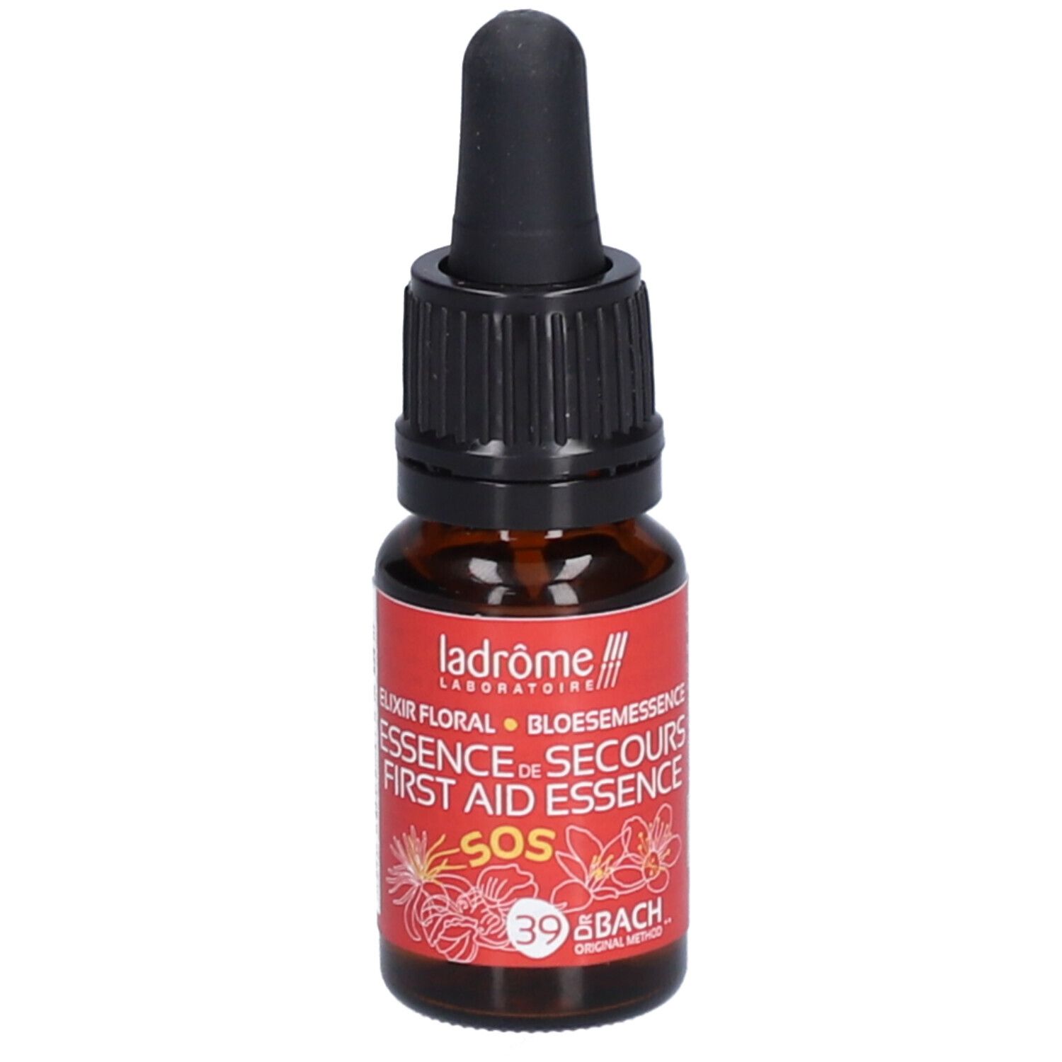 Flacon en verre brun avec compte-gouttes noir. Étiquette rouge avec texte: Elixir floral, Essence de secours, SOS, 39 Bach.