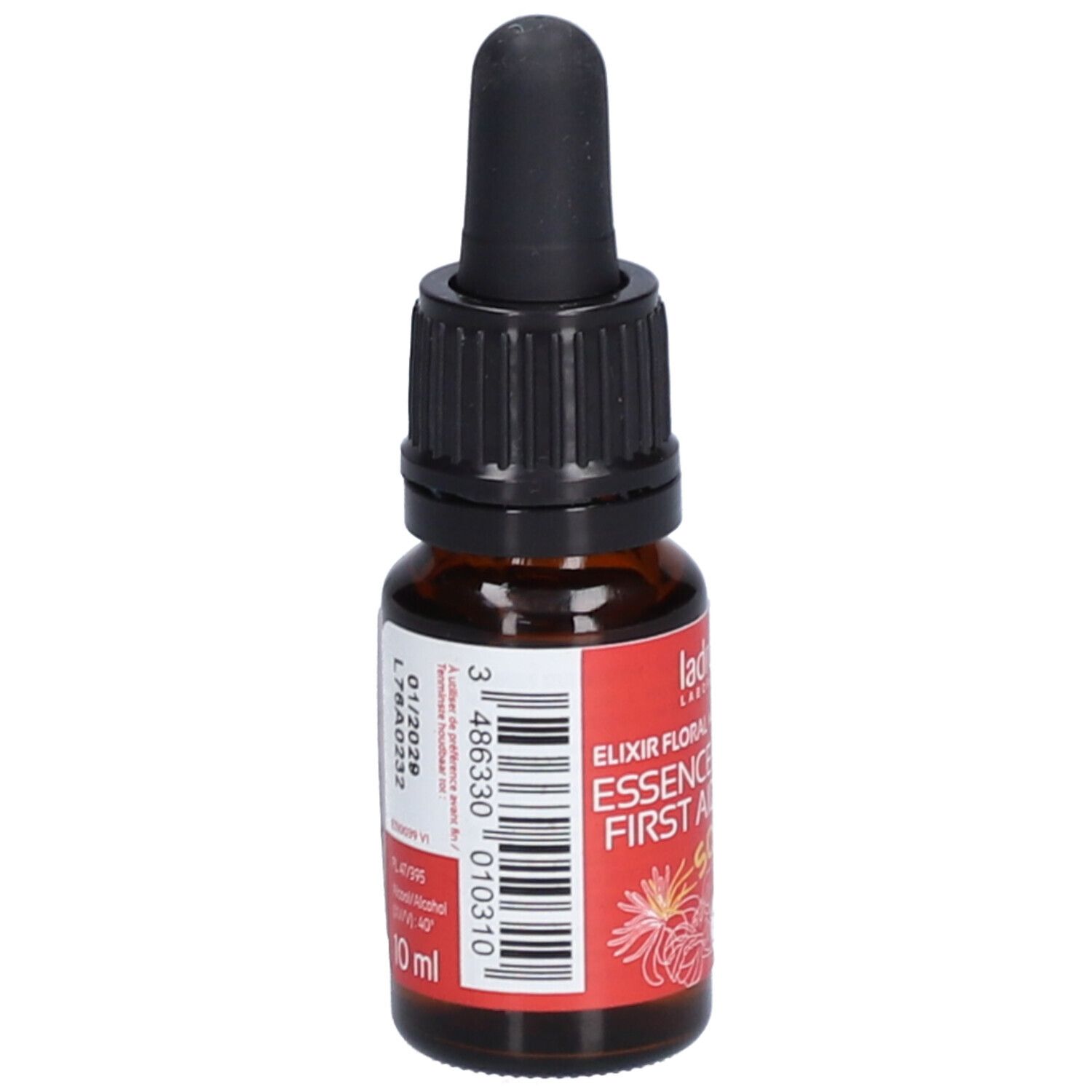 Flacon en verre brun avec compte-gouttes noir. Étiquette rouge avec texte: Elixir floral, Essence de secours, SOS, 39 Bach.