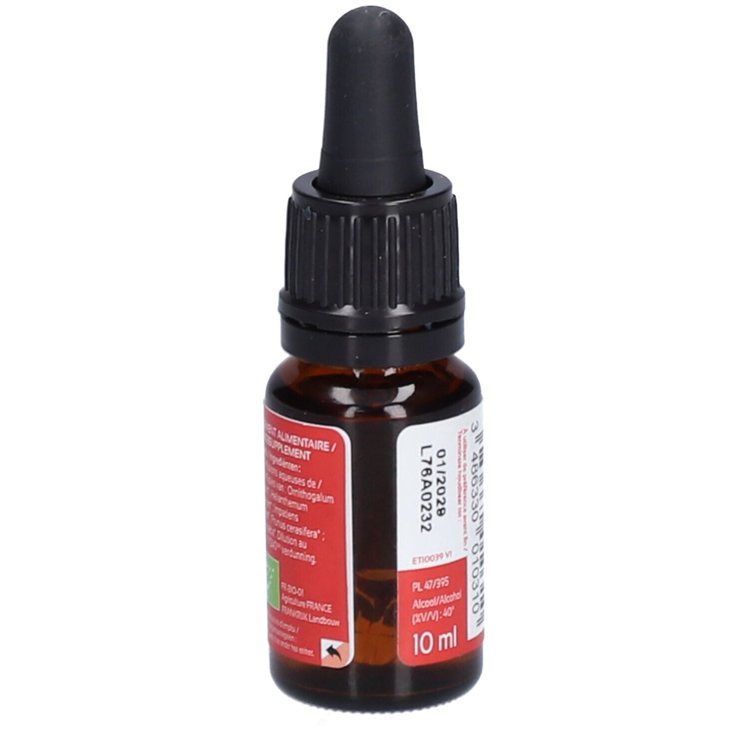 Flacon en verre brun avec compte-gouttes noir. Étiquette rouge avec texte et code-barres. 10 ml.