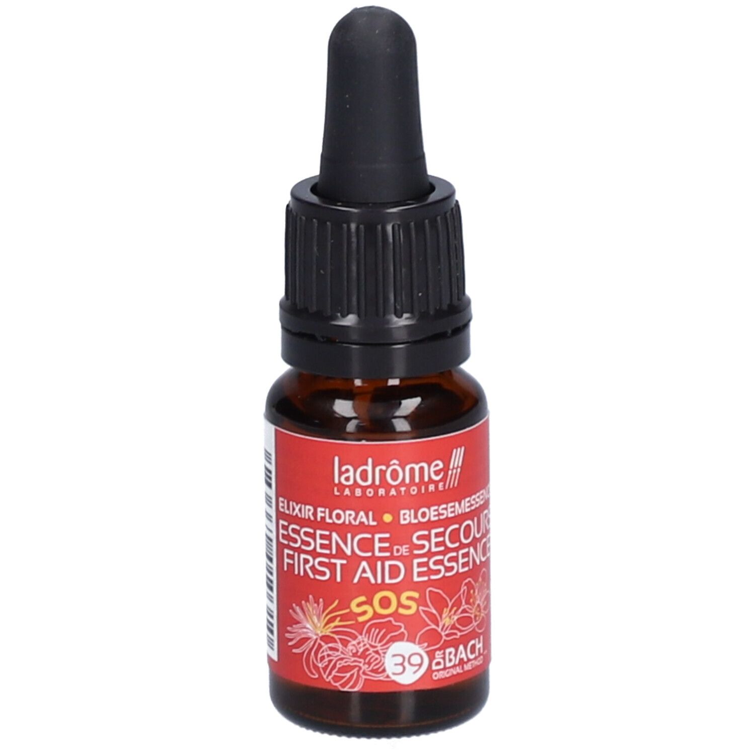Flacon en verre brun avec compte-gouttes noir. Étiquette rouge avec texte et code-barres. 10 ml.