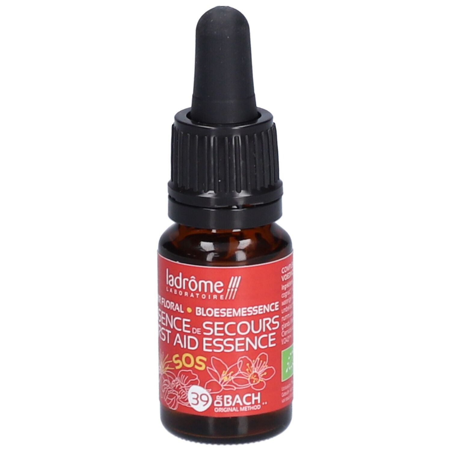 Flacon en verre brun avec compte-gouttes noir. Étiquette rouge avec texte: Elixir floral, Essence de secours, SOS, 39 Bach.