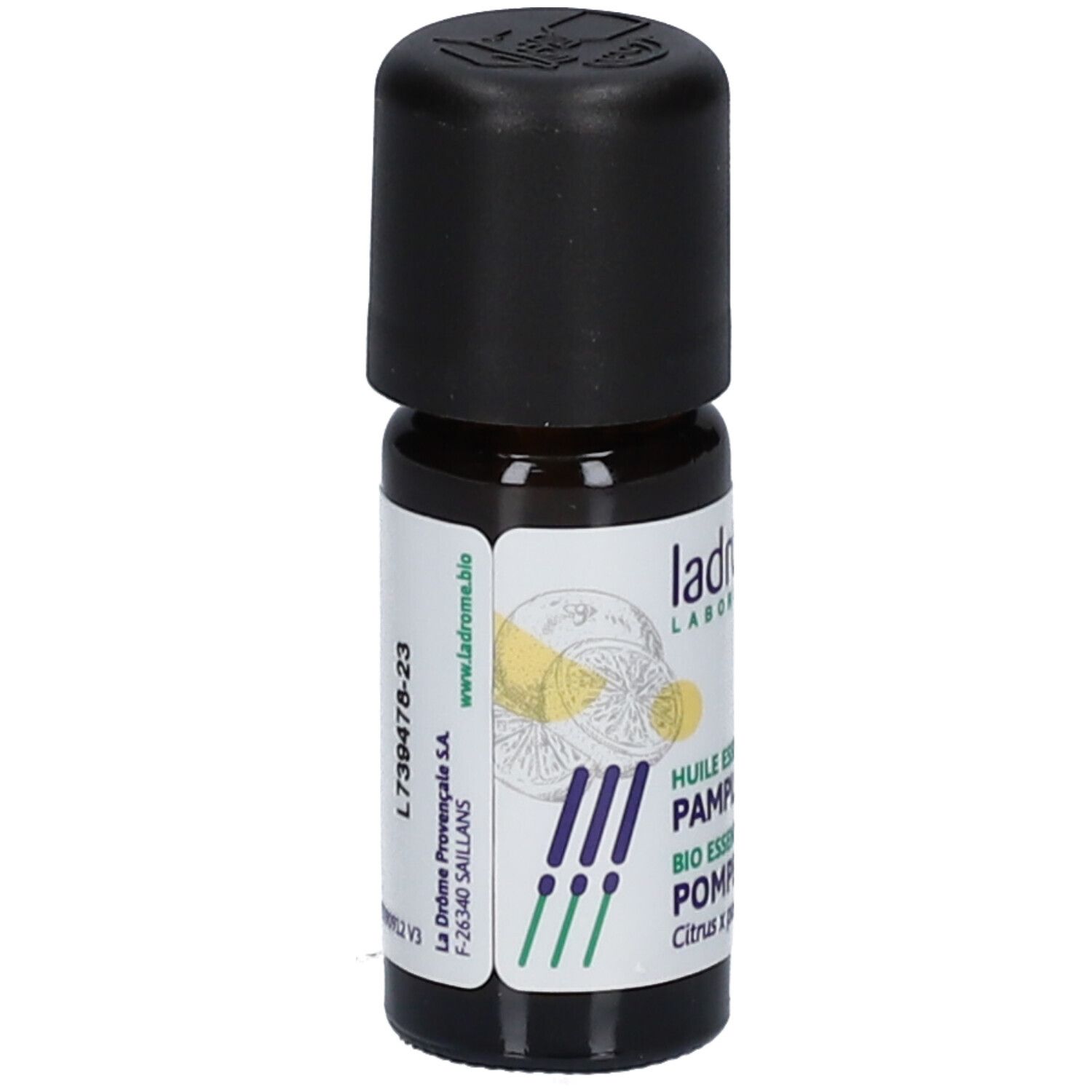 Ladrôme Bio Grapefruit ätherisches Öl: Rückseite der Flasche mit Chargennummer L739478-23 und Website.