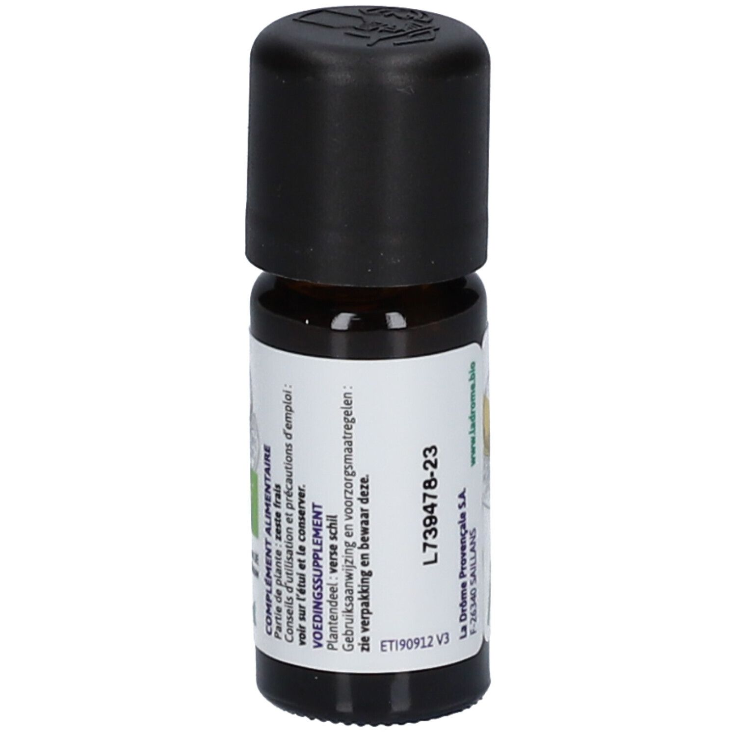 Ladrôme Bio Grapefruit ätherisches Öl: Seitenansicht der Flasche mit Etikett in mehreren Sprachen und Anwendungshinweisen.