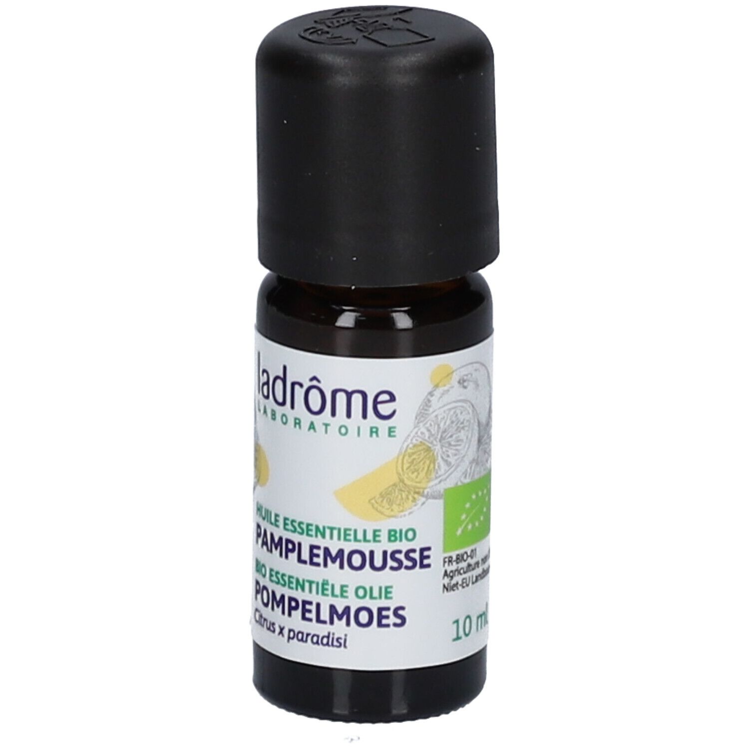 Ladrôme Bio Grapefruit ätherisches Öl: Flasche mit Etikett, das Bio-Siegel, FR-BIO-01 und 10 ml zeigt. Zitrusfrüchte-Illustration.