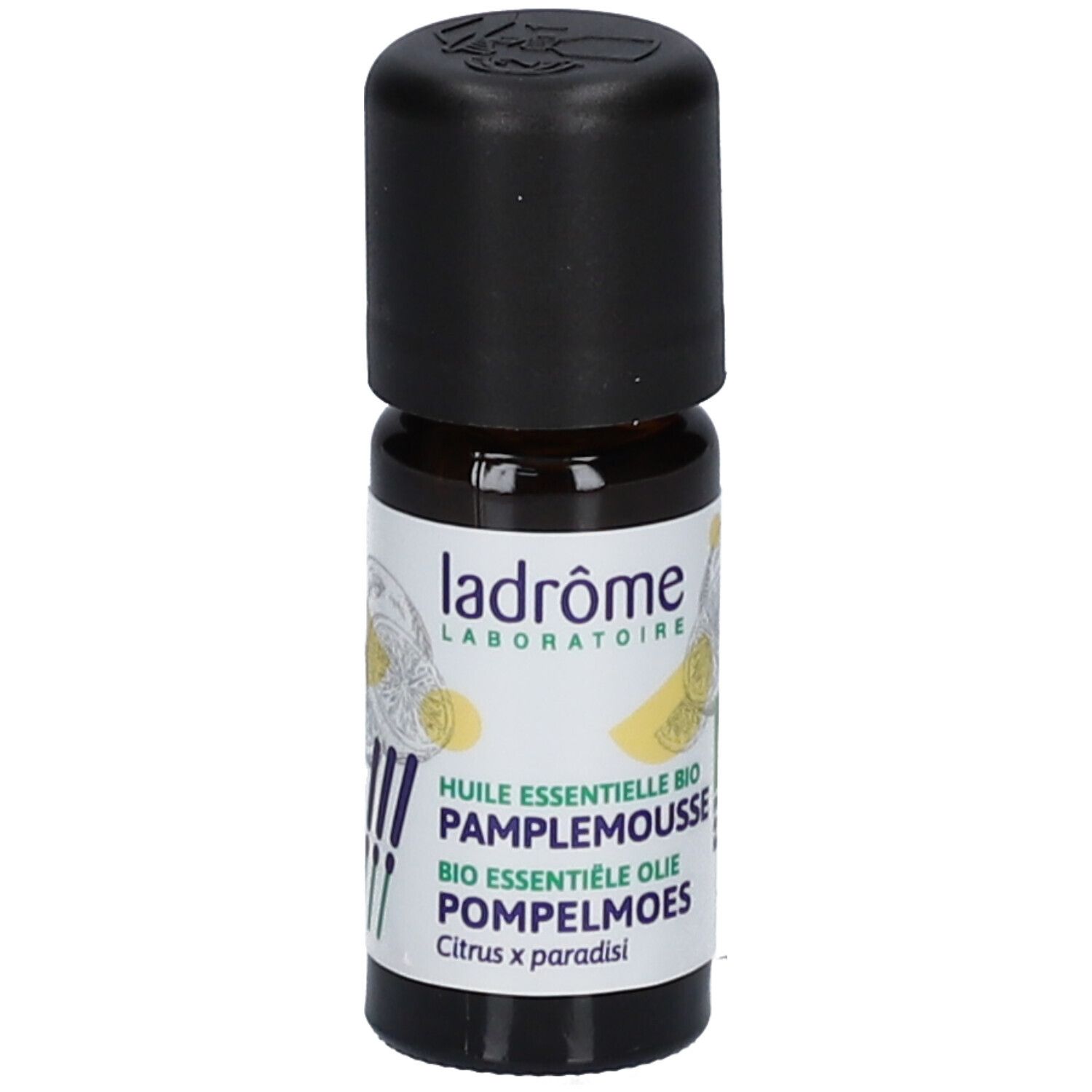 Ladrôme Bio Grapefruit ätherisches Öl in dunkler Glasflasche mit schwarzem Verschluss. Zitrusfrüchte-Illustration auf dem Etikett.